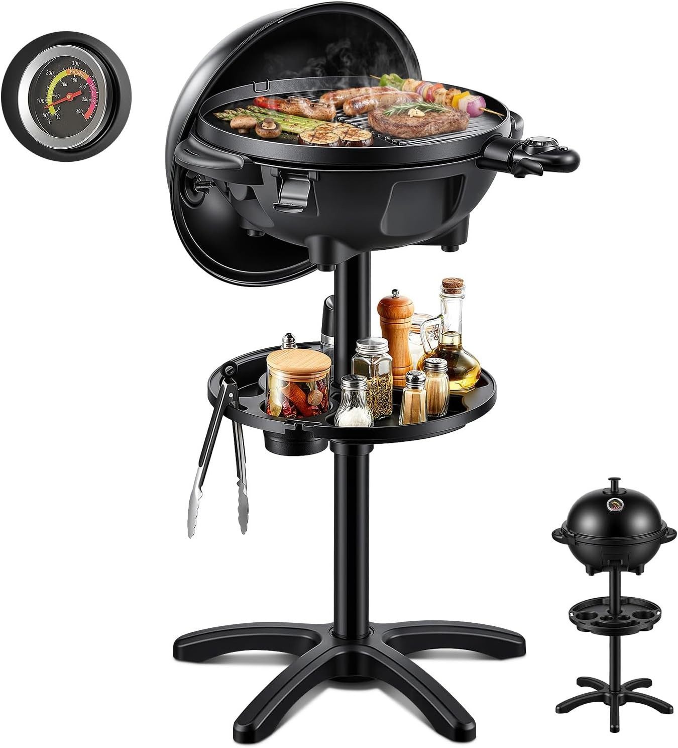 FOHERE Elektro-Standgrill 2-in-1, 2400W, mit Thermometer und Antihaftbeschichtung, 2400 W, geeignet für Balkone und Küchen