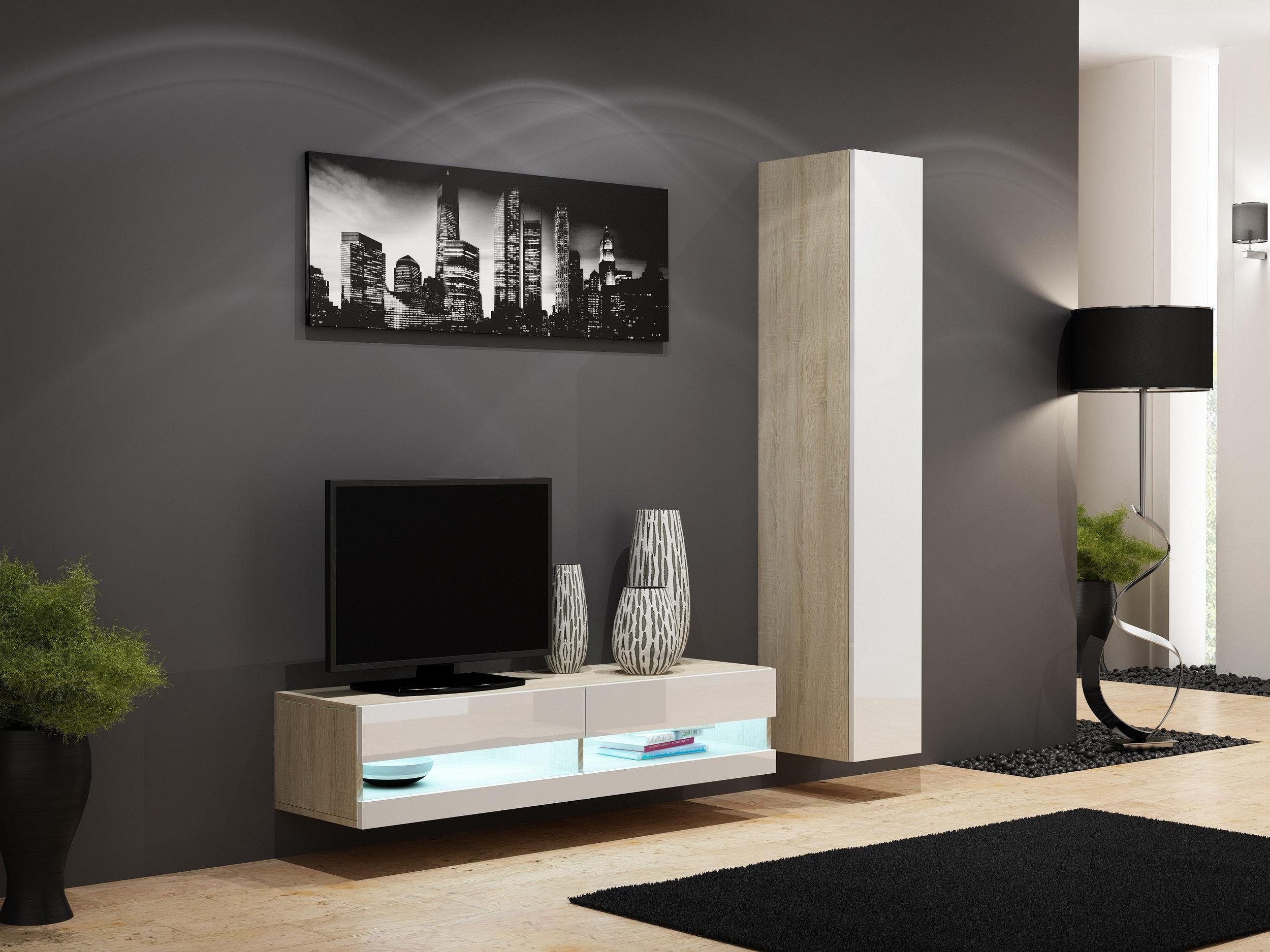 Stylefy Wohnwand Vago XIII 180x180x40, (Set (2-St), Wohnmöbel, Wohnzimmer-Set), bestehend aus 1xLowboard und 1xHängeschrank, inkl. LED-Beleuchtung, mit Push-to-Open, Modern Design Sonoma Eiche - Weiß Hochglanz