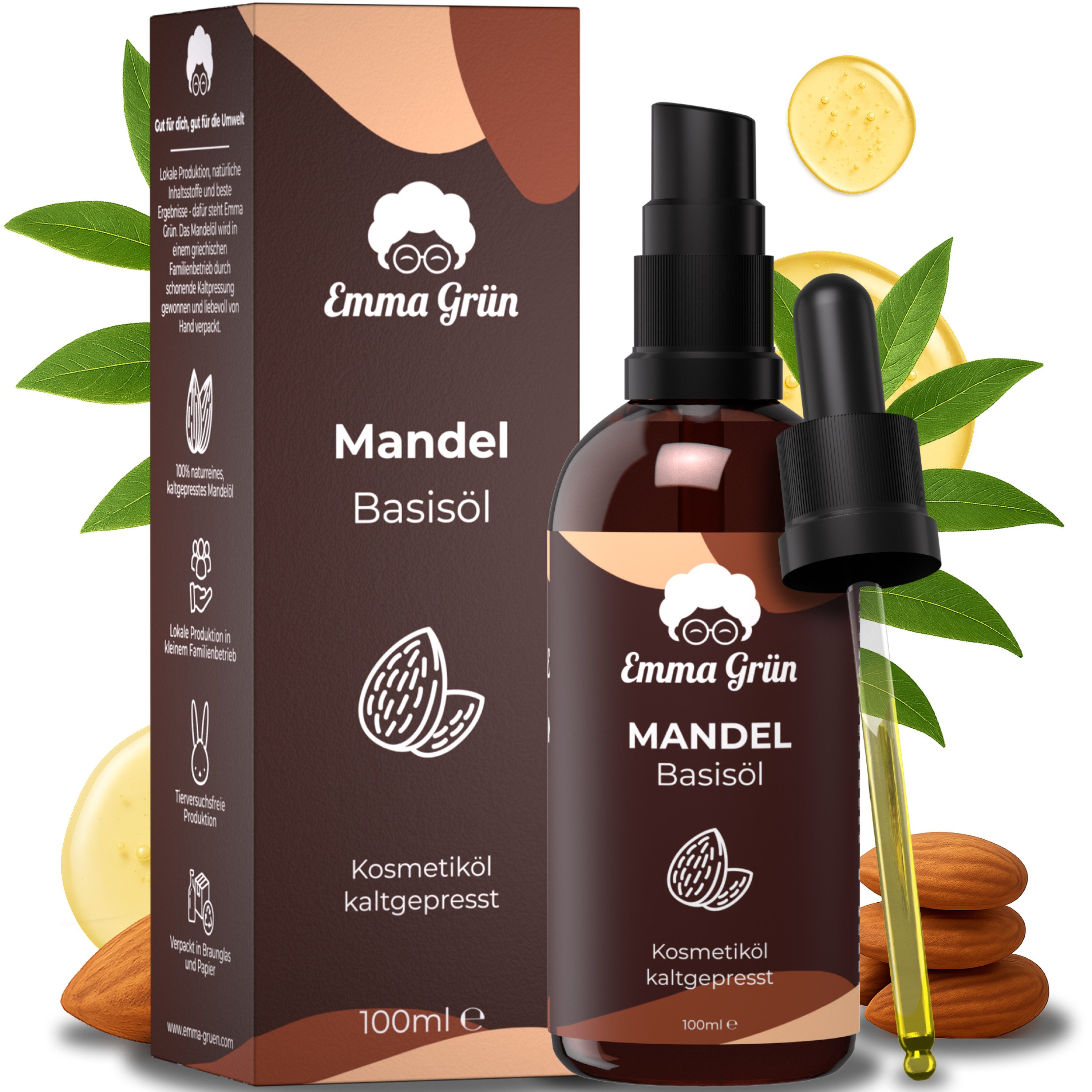 Emma Grün Körperöl Bio Mandelöl Kaltgepresst 100ml [100% REIN], Kaltgepresst, Unraffiniert, Babyöl, Für die tägliche Hautpflege