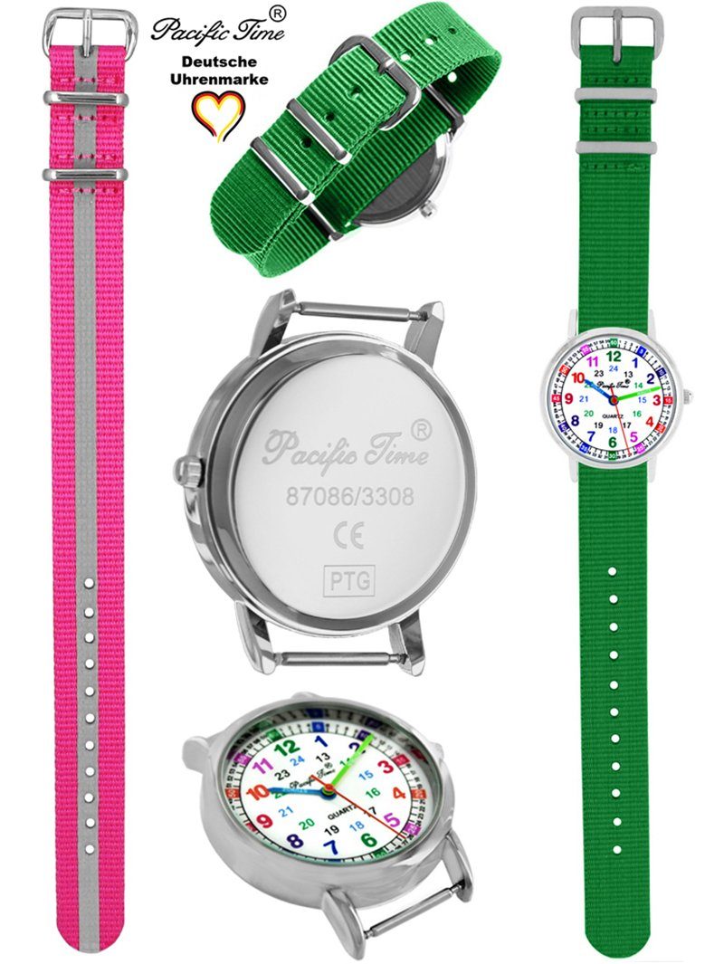 Kinder Match und Reflektor - Gratis Set grün Armbanduhr und Design Pacific pink Lernuhr Versand Wechselarmband, Mix Quarzuhr Time