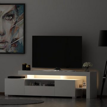 moebel17 TV-Regal TV Lowboard Weiß mit LED Beleuchtung Hochglanz 904, modernes TV Lowboard in Weiß mit kratzfester Melaminschicht.