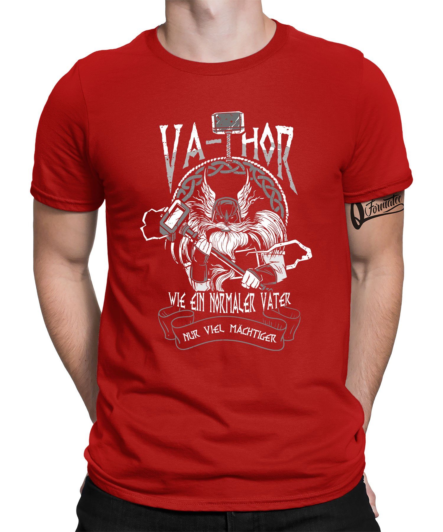 Viking Vater Mächtig Quattro (1-tlg) Papa Formatee T-Shirt Va-Thor - Wikinger Vatertag Rot Kurzarmshirt Herren