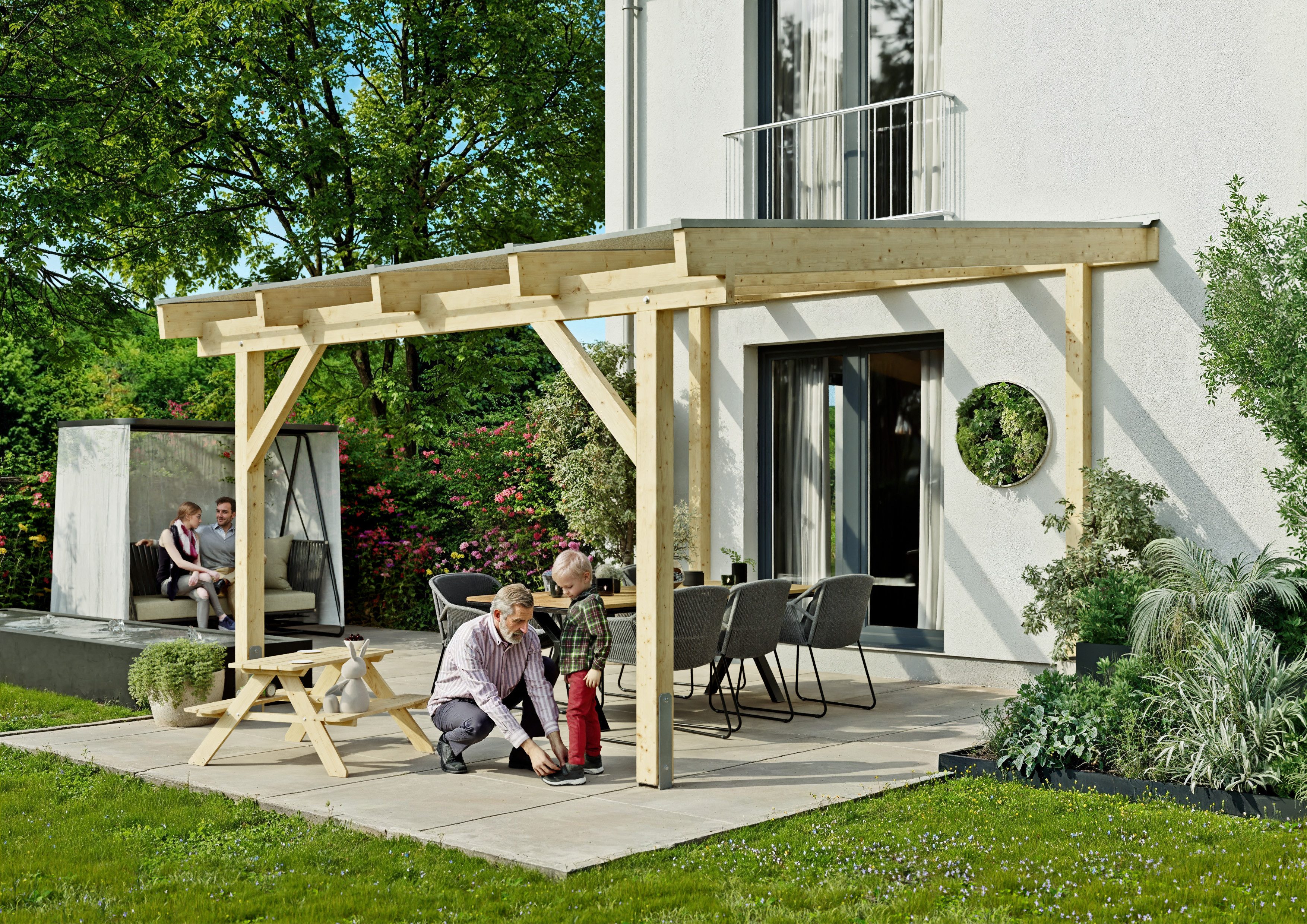 KONIFERA Terrassendach Capella, BxT: 409,2x450 cm, Bedachung Hohlkammerplatten, Bausatz aus naturbel. Leimholz mit lichtdurchl. Polycarbonat-Pultdach