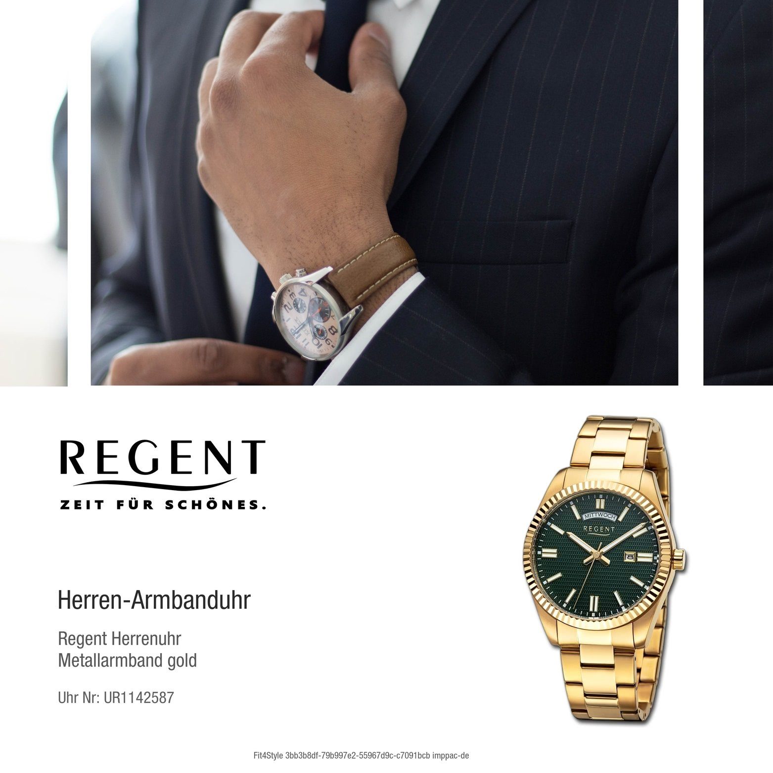 Regent Regent Quarzuhr Gehäuse, groß 40mm) Herren Analog, Metallarmband rundes Herrenuhr extra (ca. gold, Armbanduhr