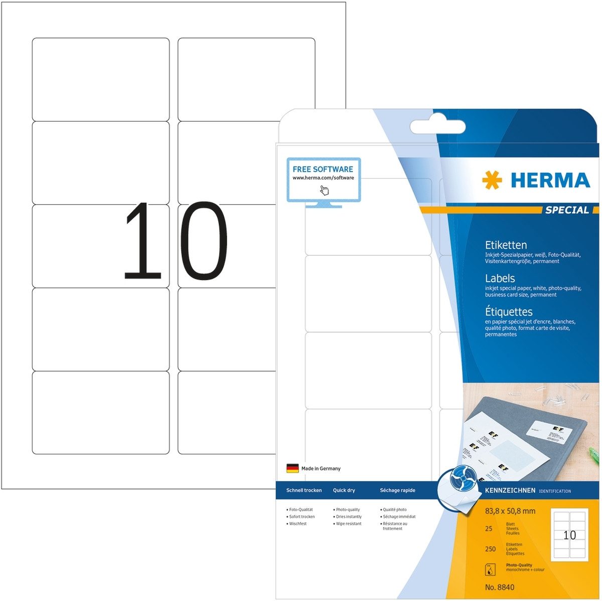 Etiketten Inkjet-Etiketten weiß 83,8x50,8mm Special A4 VE=250 Stück