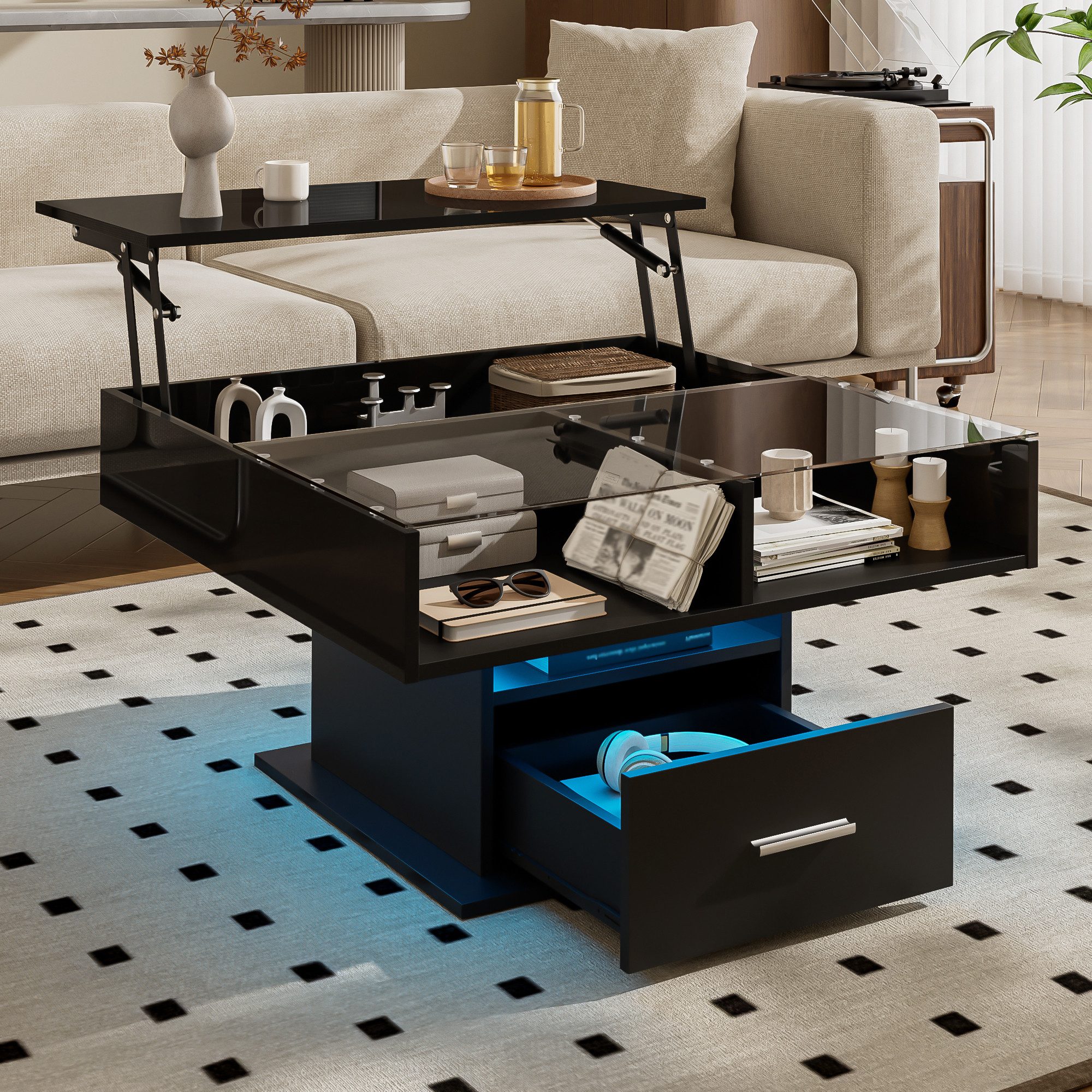 Merax Couchtisch Hochglanz-Lift-Sofatisch Beistelltisch mit LED-Beleuchtung günstig online kaufen
