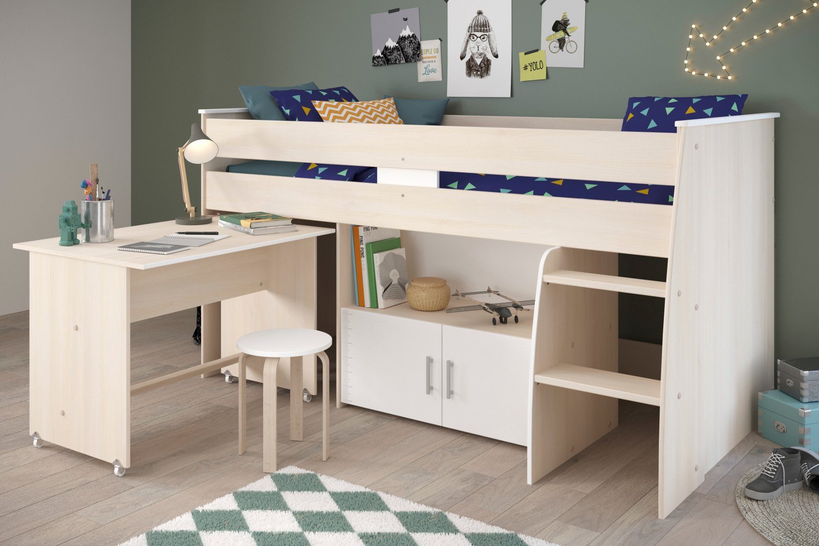 Parisot Jugendzimmer-Set Charly, (Hochbett (90x200) inkl. Schreibtisch und Kleiderschrank), kein Lattenrost erforderlich