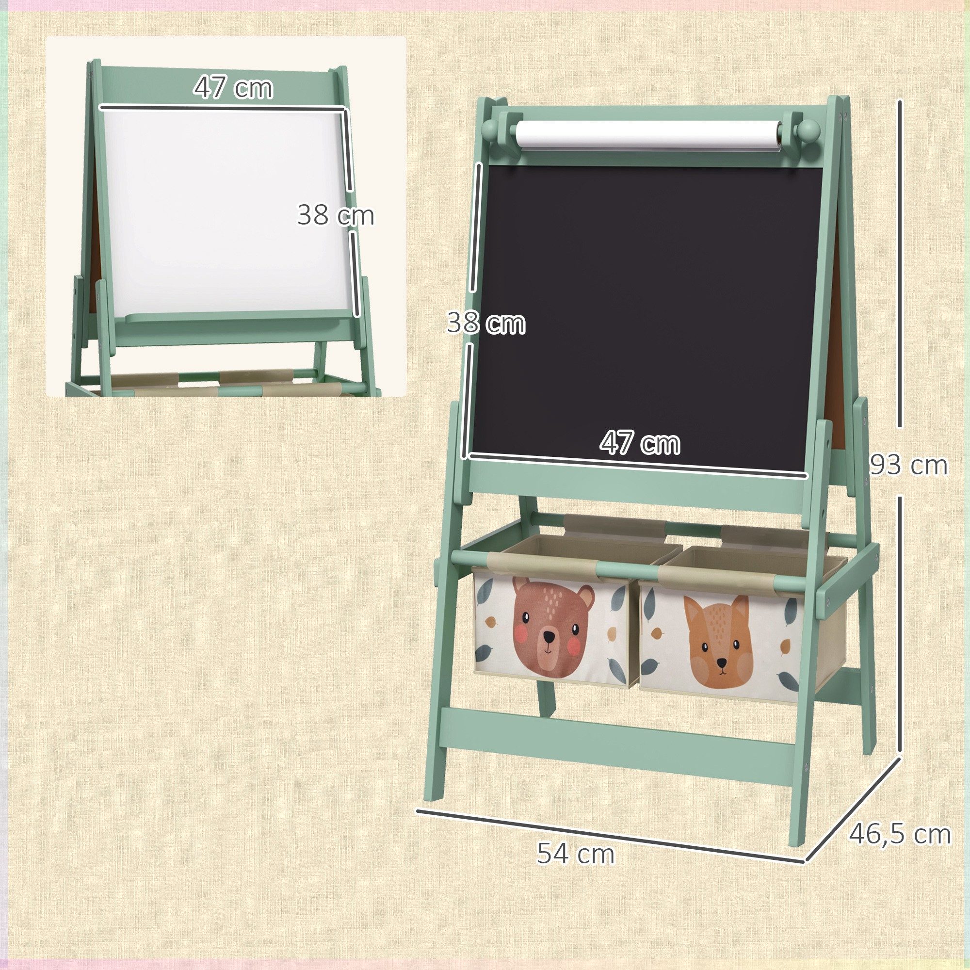 AIYAPLAY Tafel Staffelei Kindertafel Whiteboard mit Papierrolle inkl. Zubehör, (Standtafel, 1-tlg., Kinder Spieltafel), Grün 54 x 46,5 x 93 cm