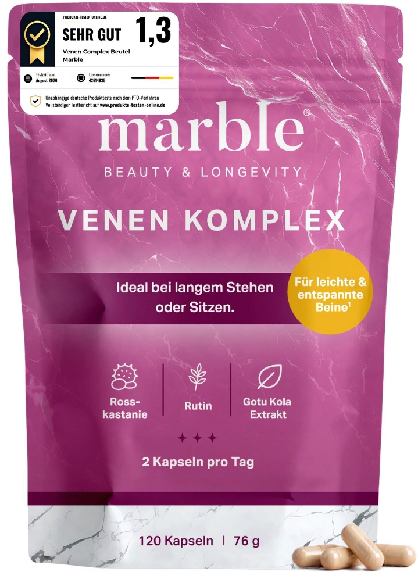 Marble marble® Venen Kapseln 120 Stk. – Rutin, Rosskastanie & Gotu Kola Kapseln, 1 er 120 St., 76 g, vegan; 120 Kapseln; 60 Tagesportionen; hergestellt in Deutschland