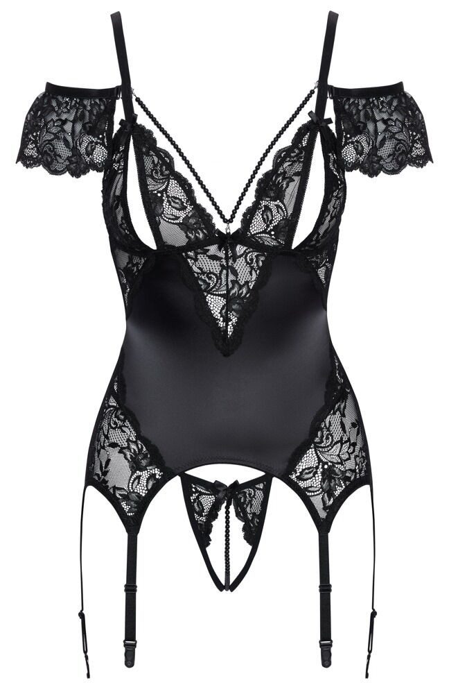 Cottelli LINGERIE Set: Corsage Straps-Corsage und String edler Satinglanz & Spitze - schwarz (1-tlg) Üppiger Kettenbesatz über Brüsten & Hüften