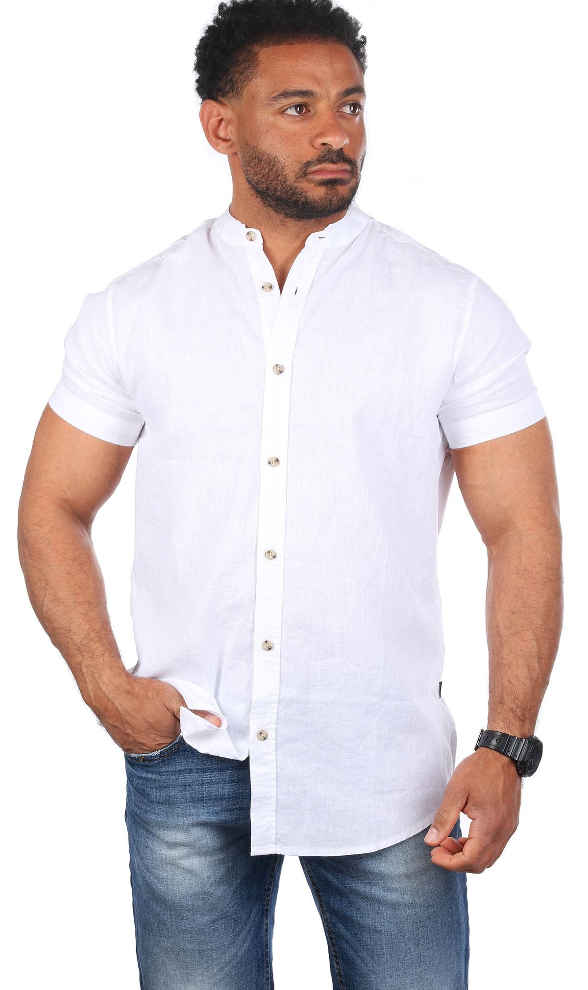 CARISMA Kurzarmhemd Herren Leinen Baumwoll Mix Casual Hemd 9337 Regular Kurzarm Stehkragenkragen Uni