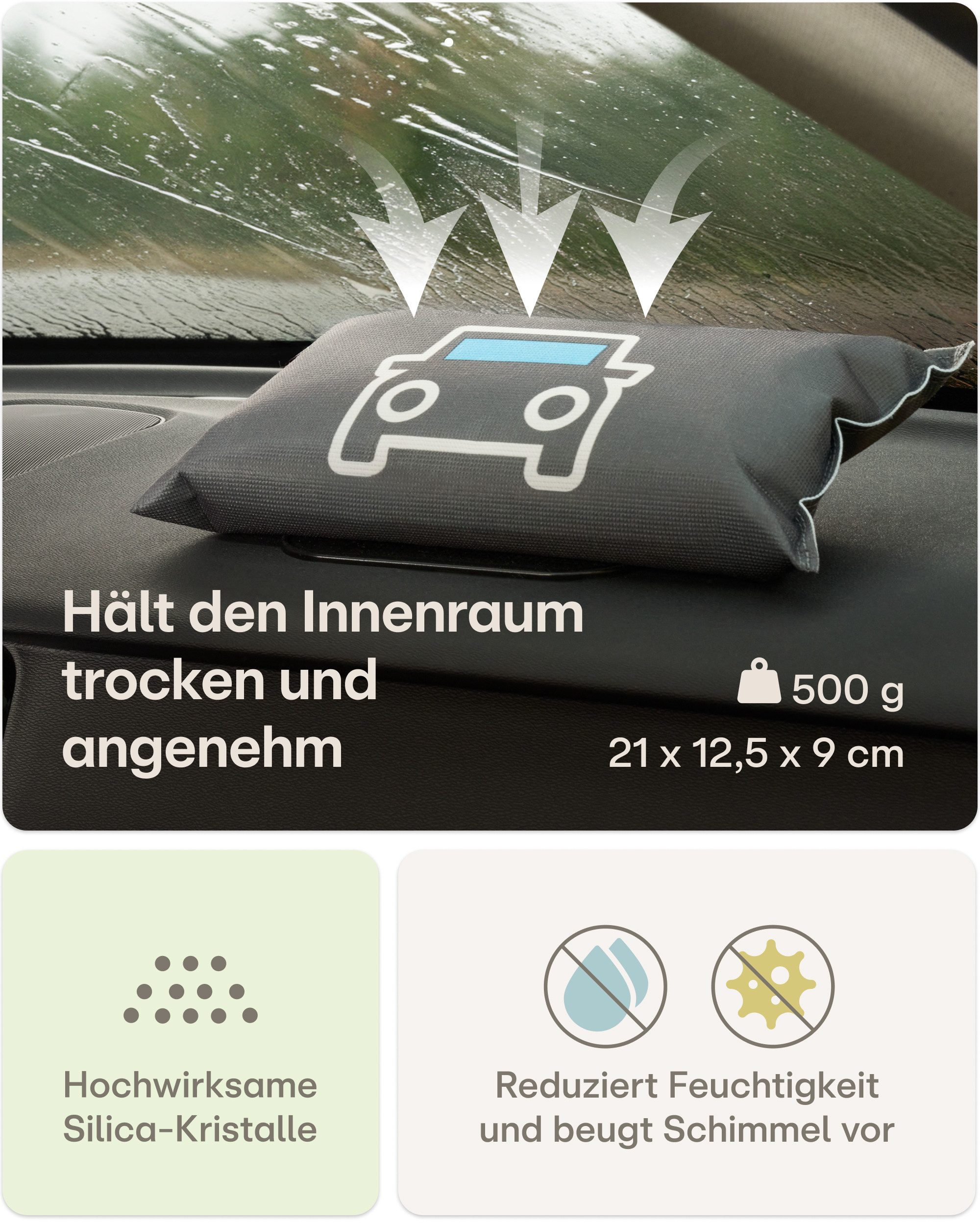 Praknu Luftentfeuchter Luftentfeuchter Auto – Wiederverwendbarer Feuchtigkeitskissen, Mit Sättigungsanzeiger & Anti-Rutsch Pad – Auto Zubehör Innenraum