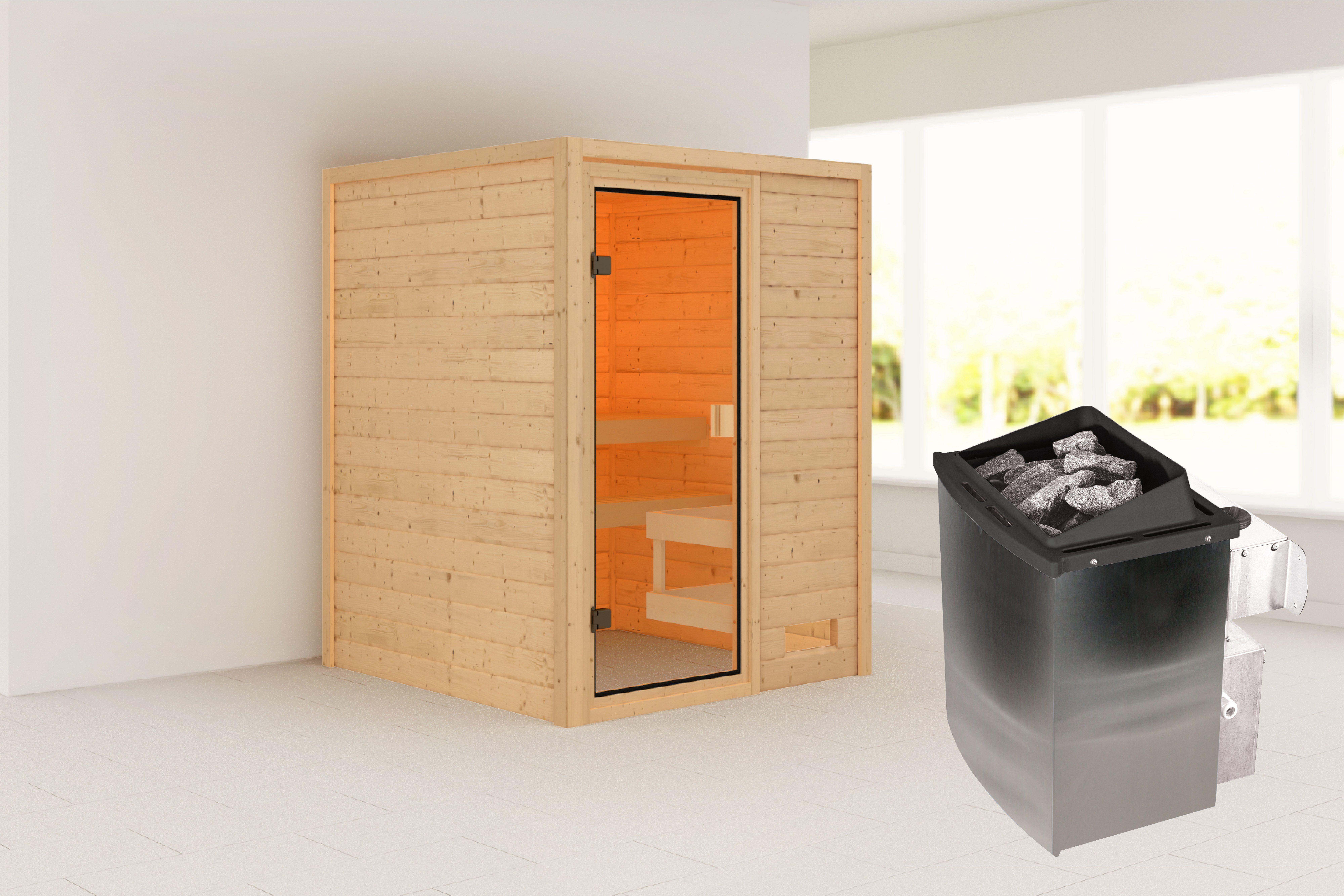 Karibu Sauna "Sandy" mit bronzierter Tür SET, naturbelassen, mit Ofen 9 kW, BxTxH: 145 x 145 x 187 cm, 38 mm, aus hochwertiger nordischer Fichte