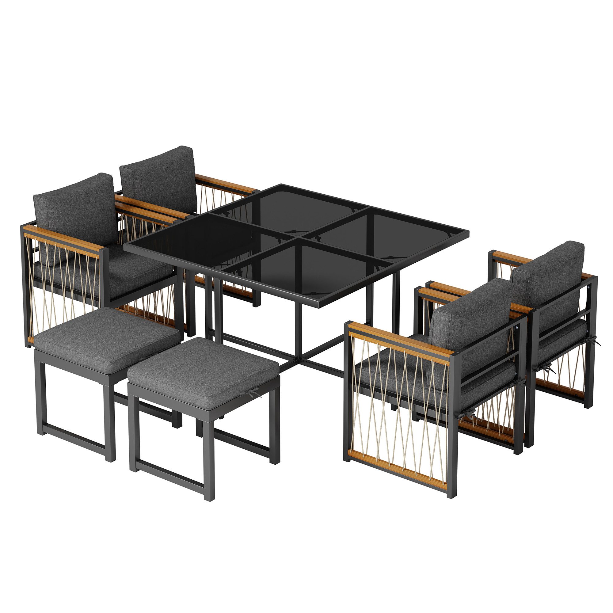 Refined Living Balkonset 7-tlg. Outdoor-Essgruppe, Gartenmöbel Set, Sitzgruppe für 6 Personen, (Tisch aus gehärtetem Glas, Handlaufplatte aus Akazienholz,Essgruppe Garten, Terrassenmöbel, Outdoor Меблі, Garten Esstisch Set, Stuhl Set wetterfest, Akazienholz Gartenmöbel,Rattanmöbel Set,Glastisch Garten,Terrassenmöbel,Garten Стільці Hocker, 7-tlg., Großzügiger Tisch,Wetterfest,langlebig,Hochwertige Materialien), für Mahlzeiten im Hinterhof,Gartenterrasse,Balkon,Terrasse,Outdoor