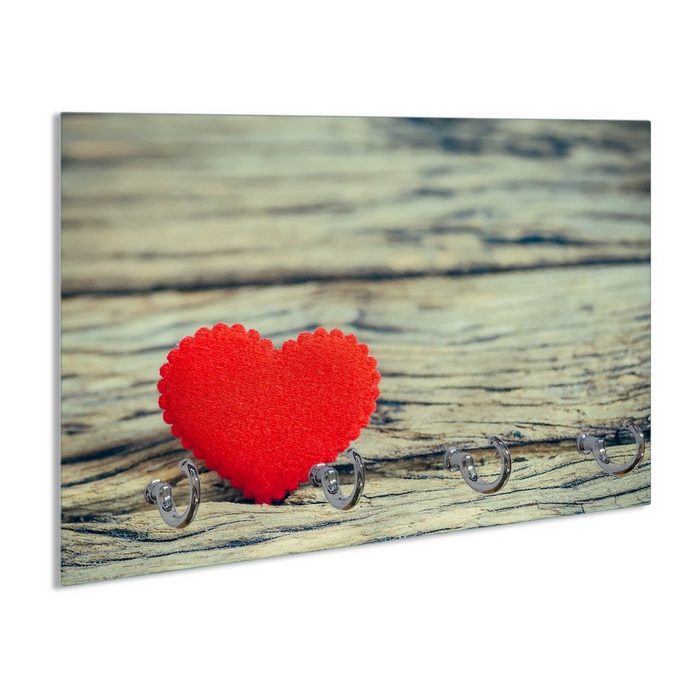 Wallario Schlüsselbrett Liebe mein Valentin - Rotes Filzherz auf Holz (inkl. Aufhängeset) 30x20cm aus ESG-Sicherheitsglas