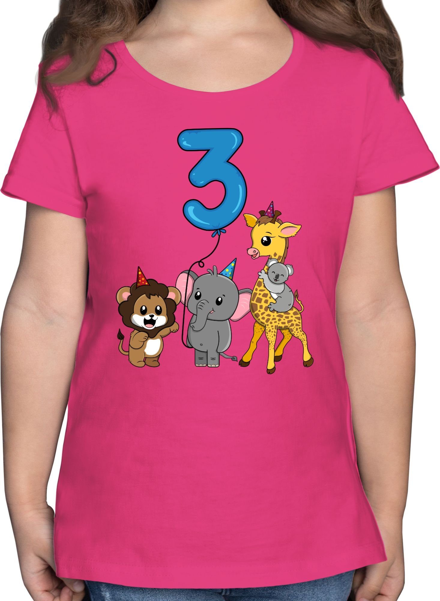 Shirtracer T-Shirt Tiere mit Ballon Dritter 3. Geburtstag 2 Fuchsia