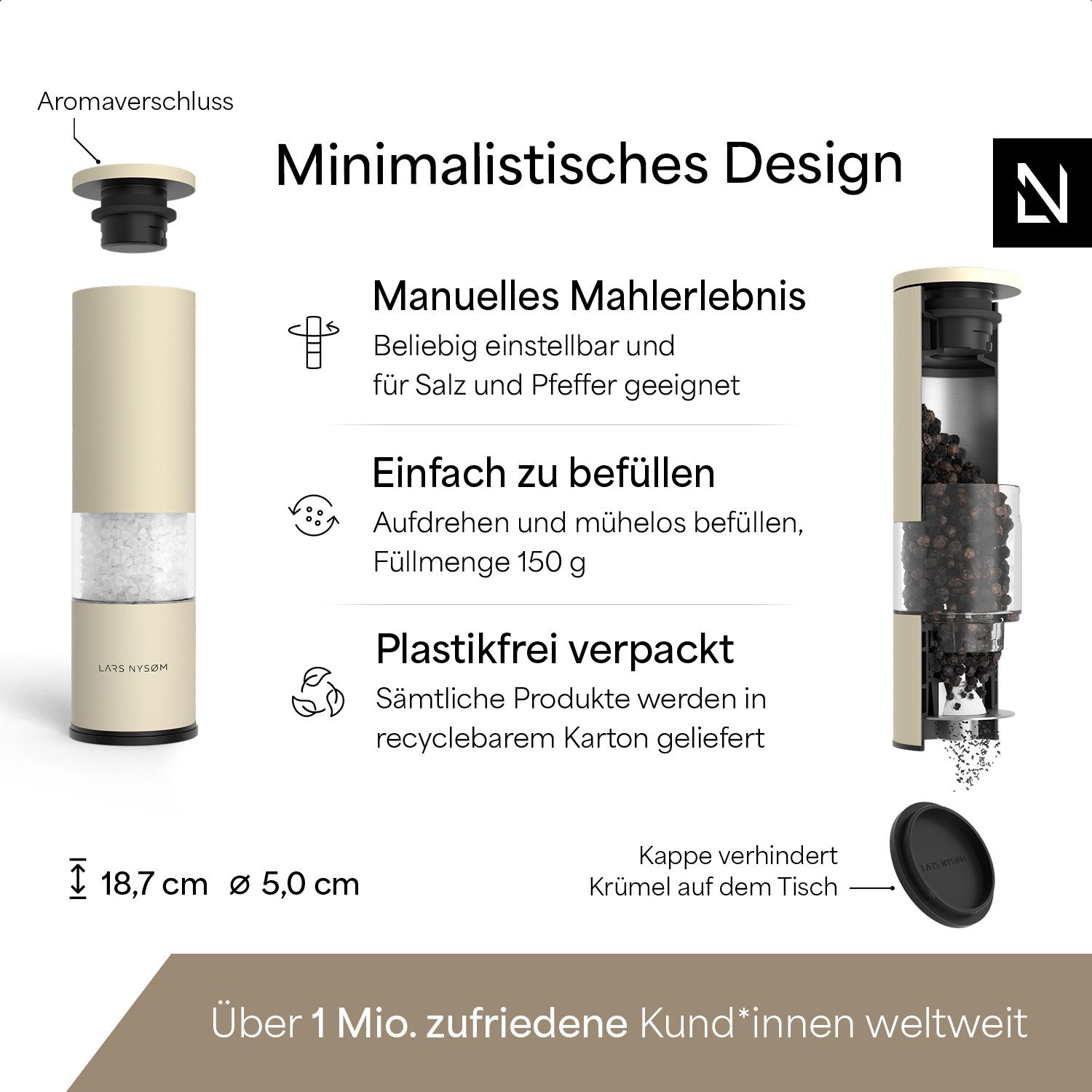 LARS NYSØM Gewürzmühle Lagom manuelle Bedienung, (2 Stück), Edelstahl Gewürzmühlenset mit Keramikmahlwerk (Stufenlos) – Bild 4 von 5