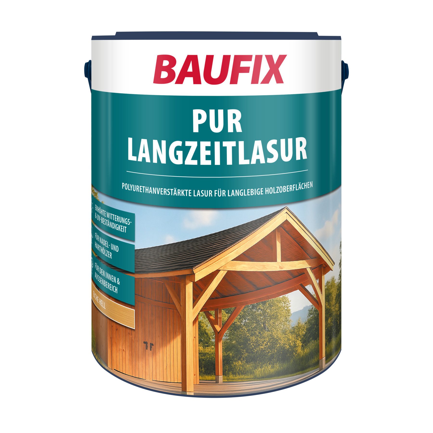Baufix Holzschutzlasur PUR Langzeitlasur seidenmatt, 5 Liter für ca 50m², Holzlasur für innen & außen, Verkleidungen, Carports & Fachwerk