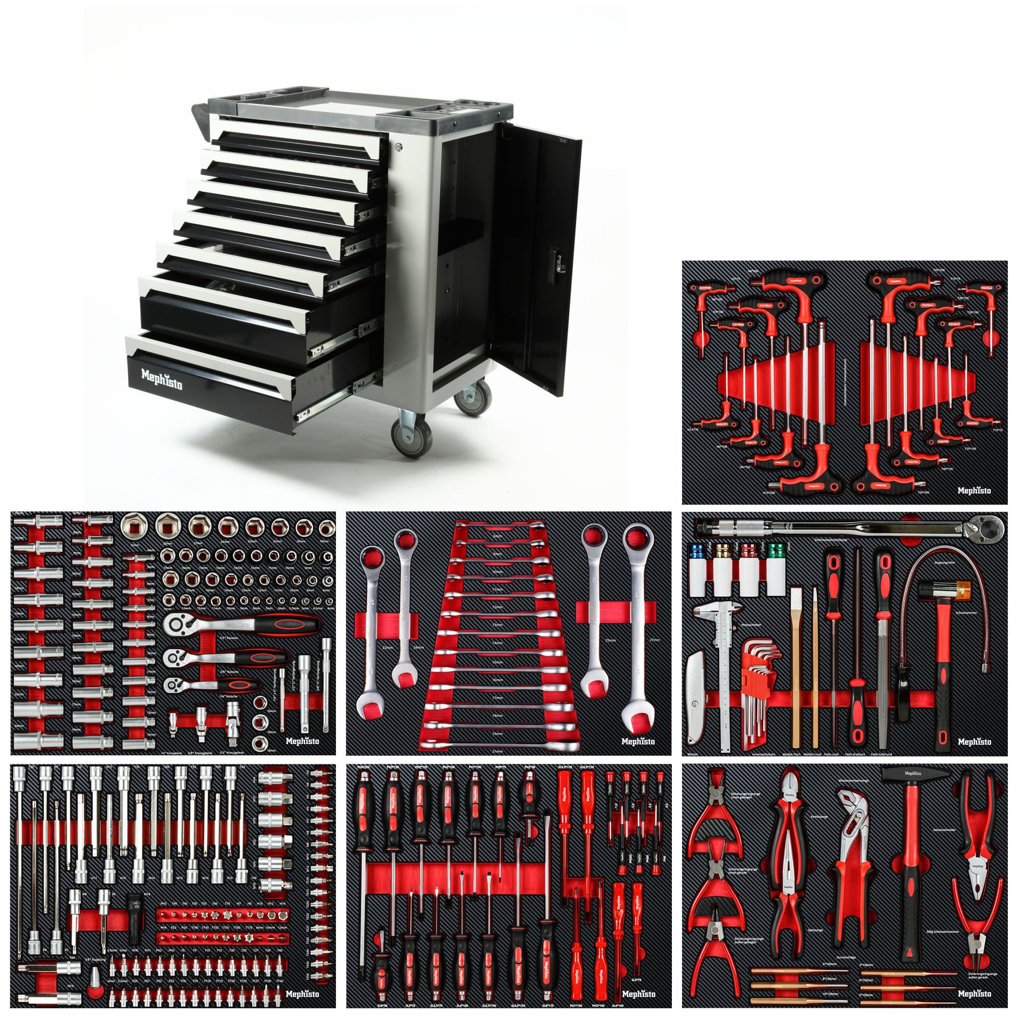 Mephisto-Tools Werkzeugwagen, (fertig montiert und bestückt), Schubladen abschließbar und bis je 35 kg belastbar, 2 Schlüssel inkl.
