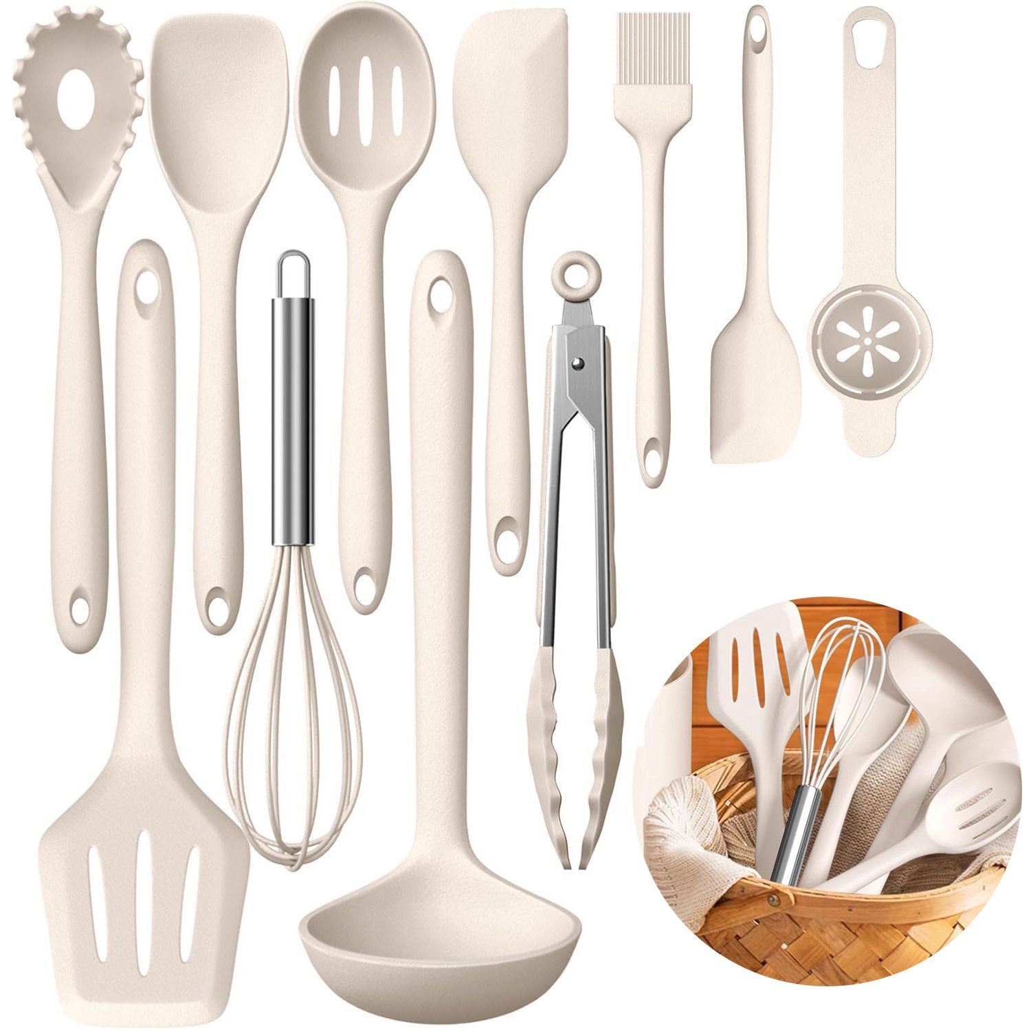 MODFU Kochbesteck-Set 12-teiliges Silikon Kochutensilien Kochbesteck Set (Silikonspatel Kochgeschirr Set mit Utensilienhalter, 1-tlg., hitzebeständig, BPA-freie Utensilien, antihaftbeschichtet), Einteiliges Design und Leicht zu reinigen