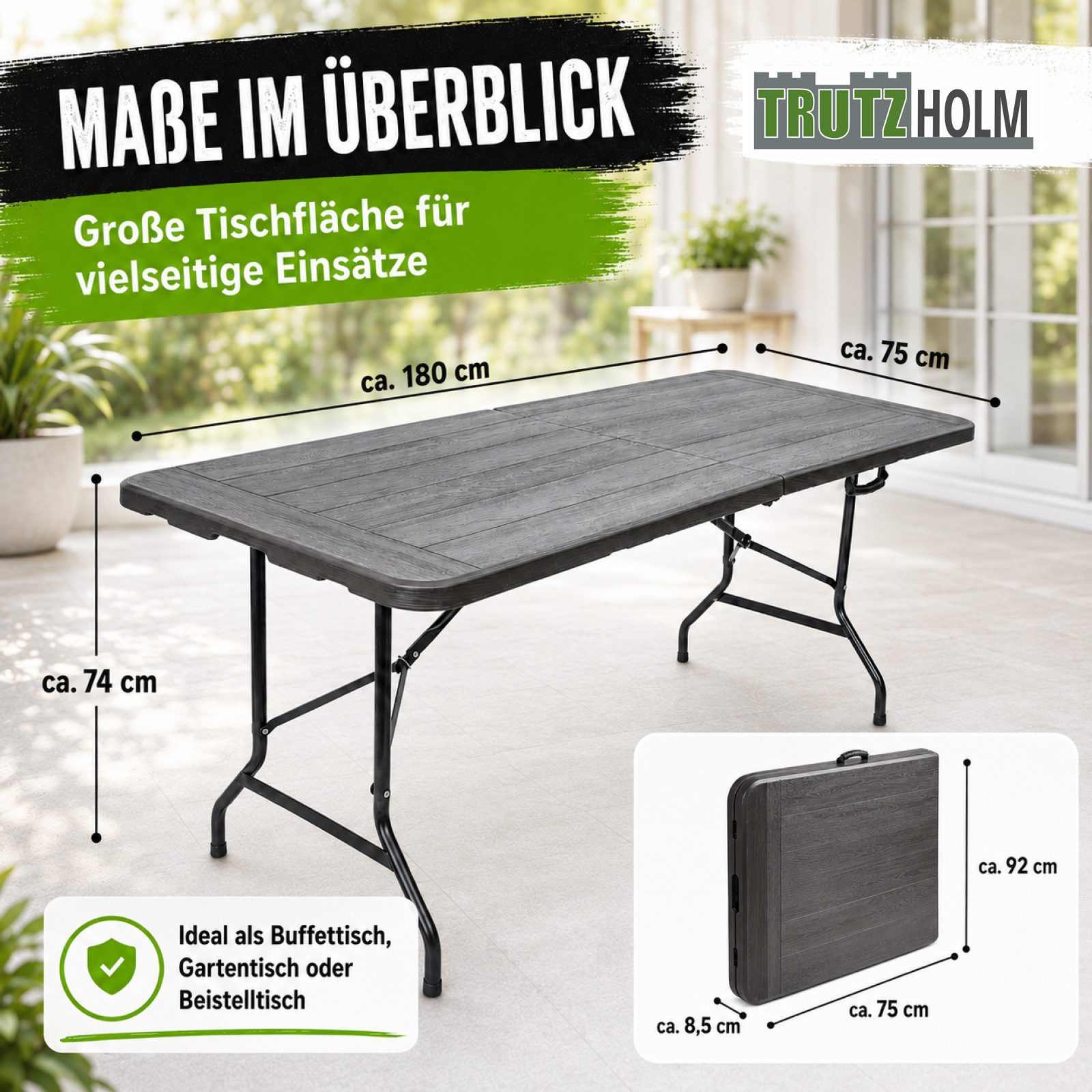 TRUTZHOLM Bierzeltgarnitur Buffettisch Klapptisch 180 x 75 cm Holzoptik klappbar Kunststoff, (1x Produkt, 1-tlg), max.Traglast:150kg