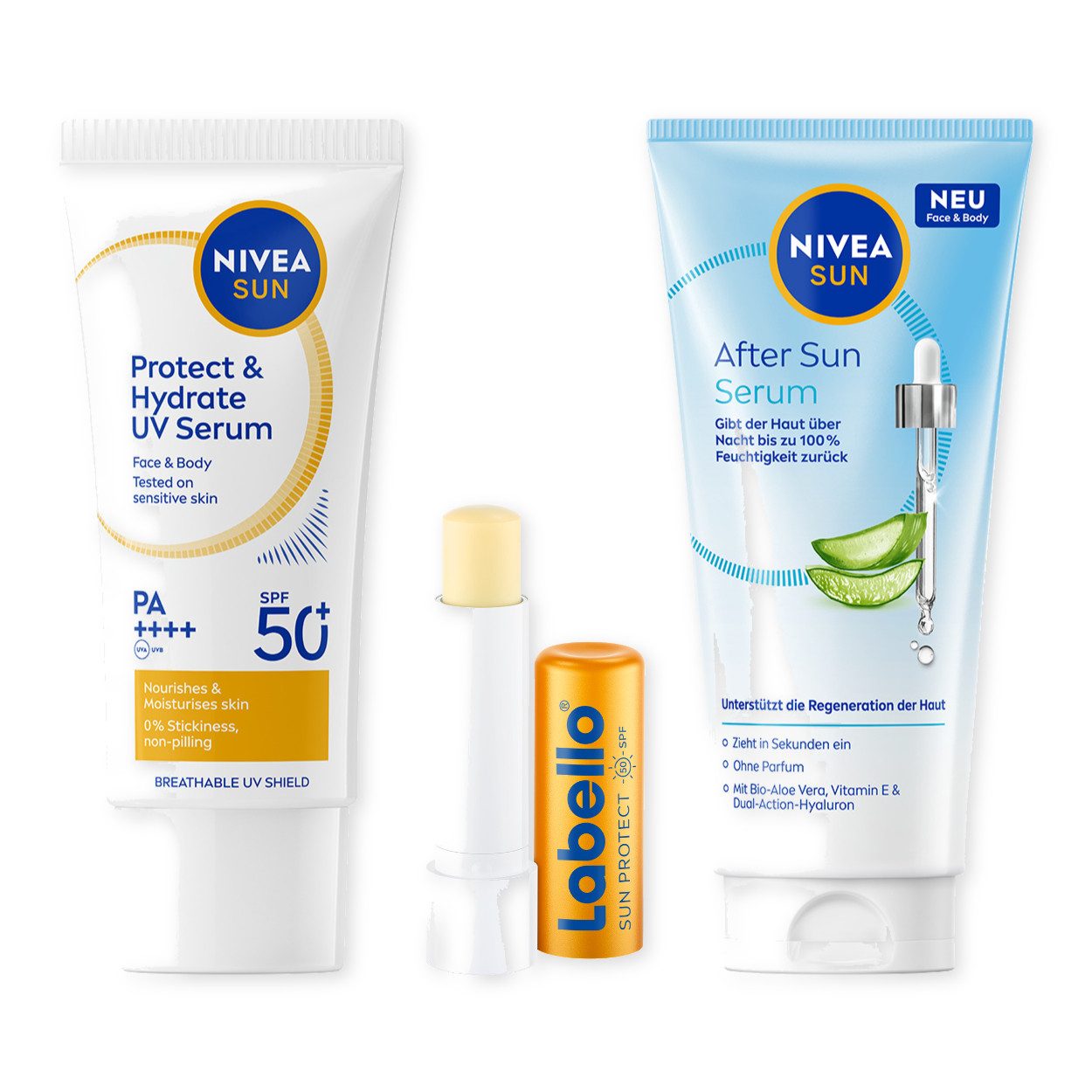Nivea Sonnenschutzcreme SUN Protect Set - Serum, Lippenpflege, After Sun Serum, 3-tlg.
