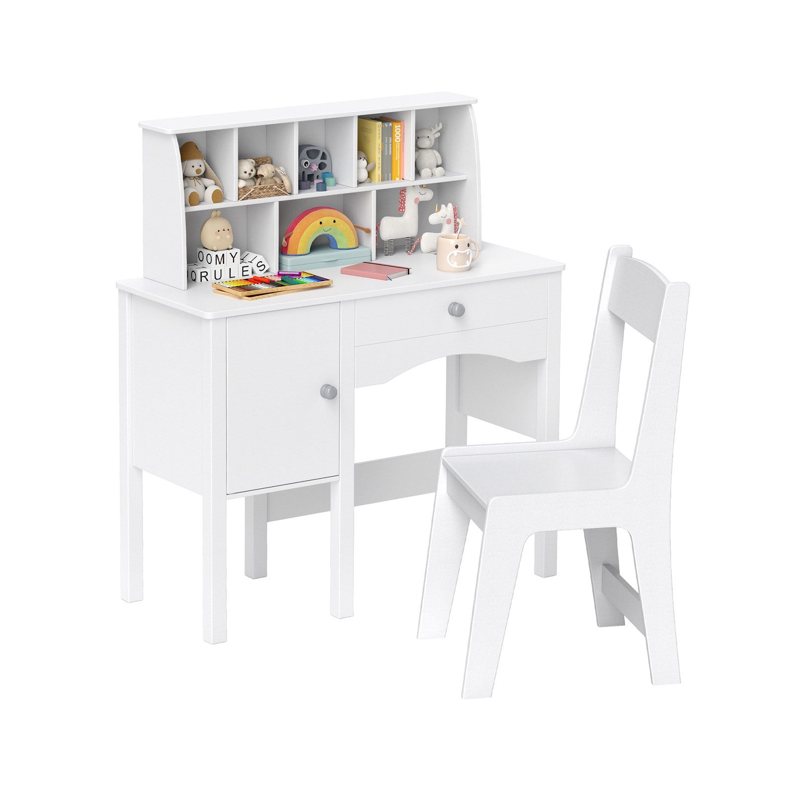 COSTWAY Kinderschreibtisch (mit Stuhl), mit Schublade & Regal, Jugendschreibtisch Holz