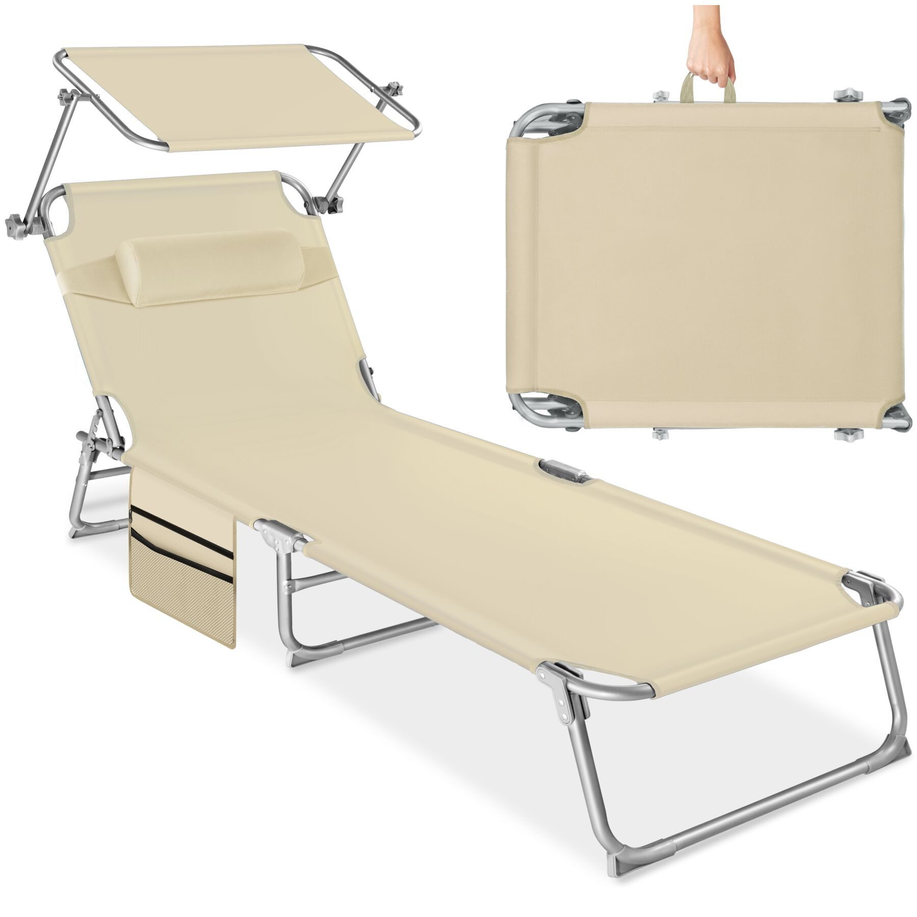 tectake Gartenliege Sonnenliege mit Seitentasche und Kopfpolster, 190 x 68 x 111cm, Balkonliege Chloé, 1 St., für Außen in Beige, klappbar, verstellbar, widerstandsfähig und UV-beständig