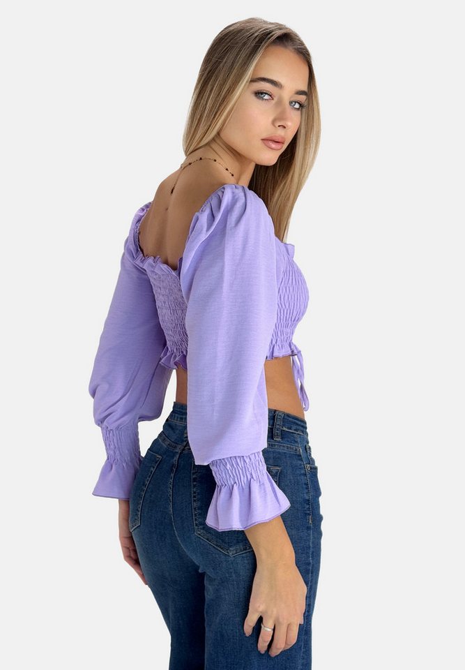 Elara Blusentop – Damen Crop Top mit Carmen-Ausschnitt, Puffärmeln und Raffung