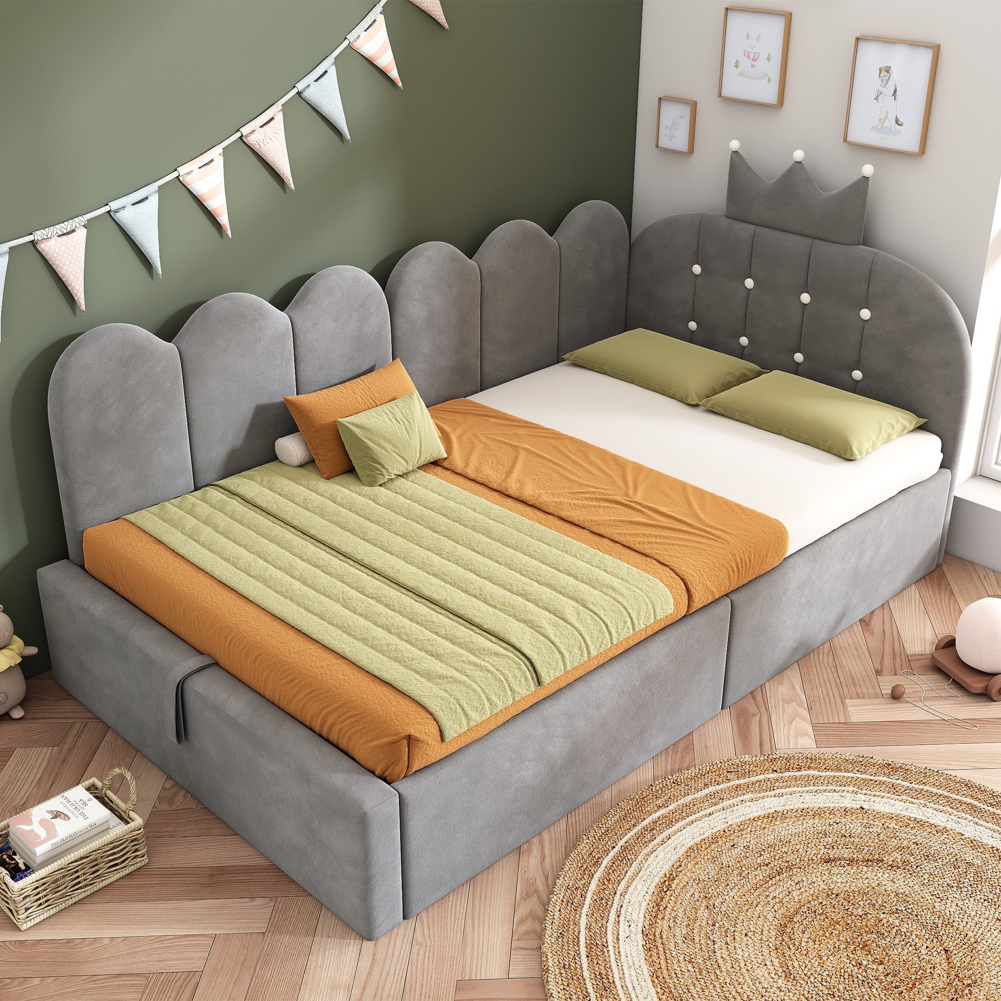 Celya Polsterbett Daybett mit Stauraum (hydraulisch, ohne Matratze, Gästebett L-Form Samt mit Kronen-Gitter-Design), ideal für Kinderzimmer, Gästezimmer oder kleine Wohnräume