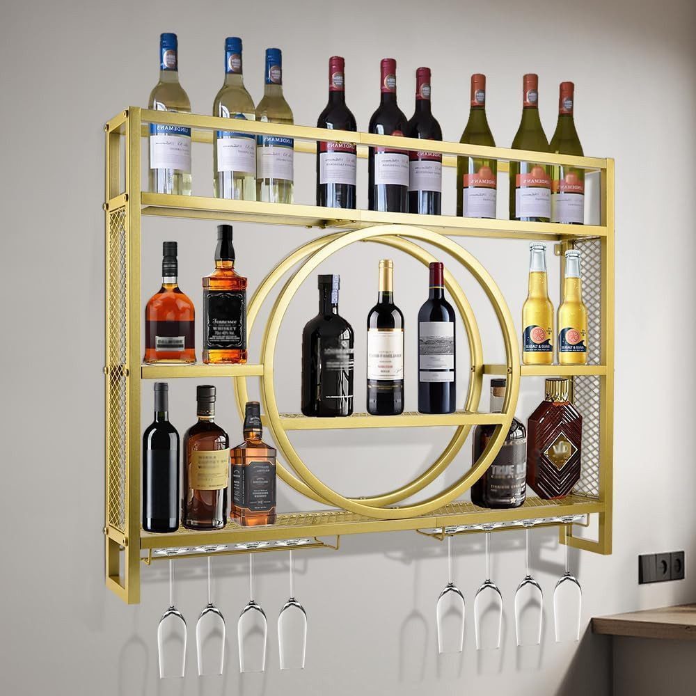 XIIW Weinregal 140x80x15cm 3 Ebenen Wandmontage Metall Flaschenregal Weinhalter Gold, 30 Flaschen Wein, Barregal Schwebende Regal mit Weinglashalter, für Küche, Esszimmer, Bar, Deko