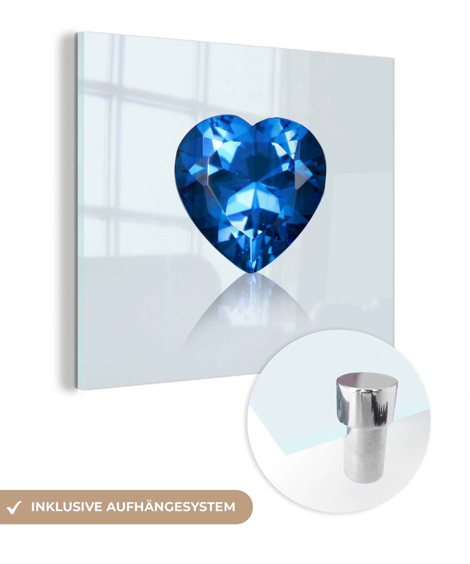 MuchoWow Acrylglasbild Saphir mit Herzform, (1 St), Glasbilder - Bilder auf Glas Wandbild - Foto auf Glas - Wanddekoration | Bilder