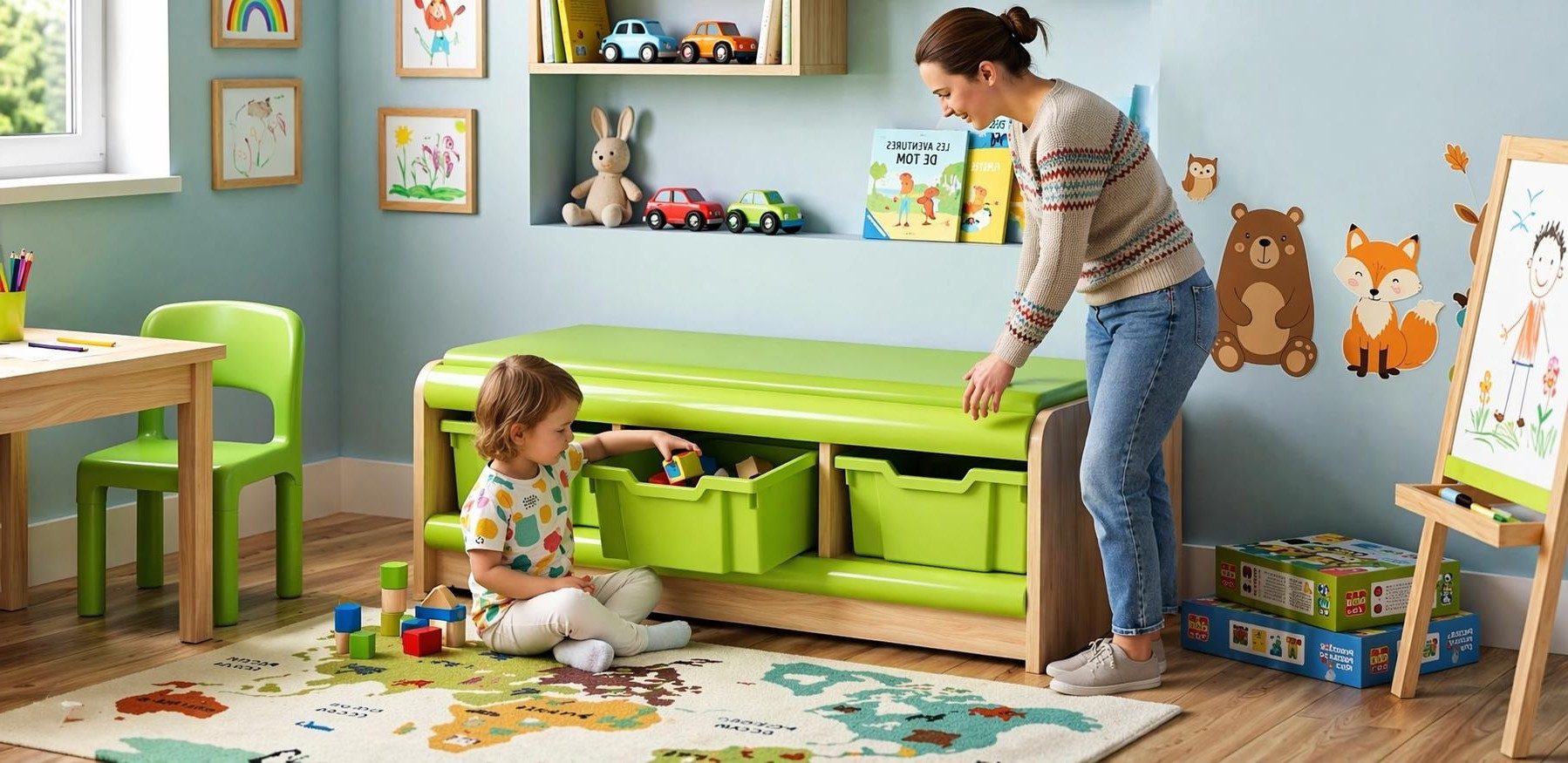 Xlmoebel Truhenbank Moderne Aufbewahrungsbank mit grünen Boxen für das Kinderzimmer (Mit Aufbewahrungsboxen), Made in Europa