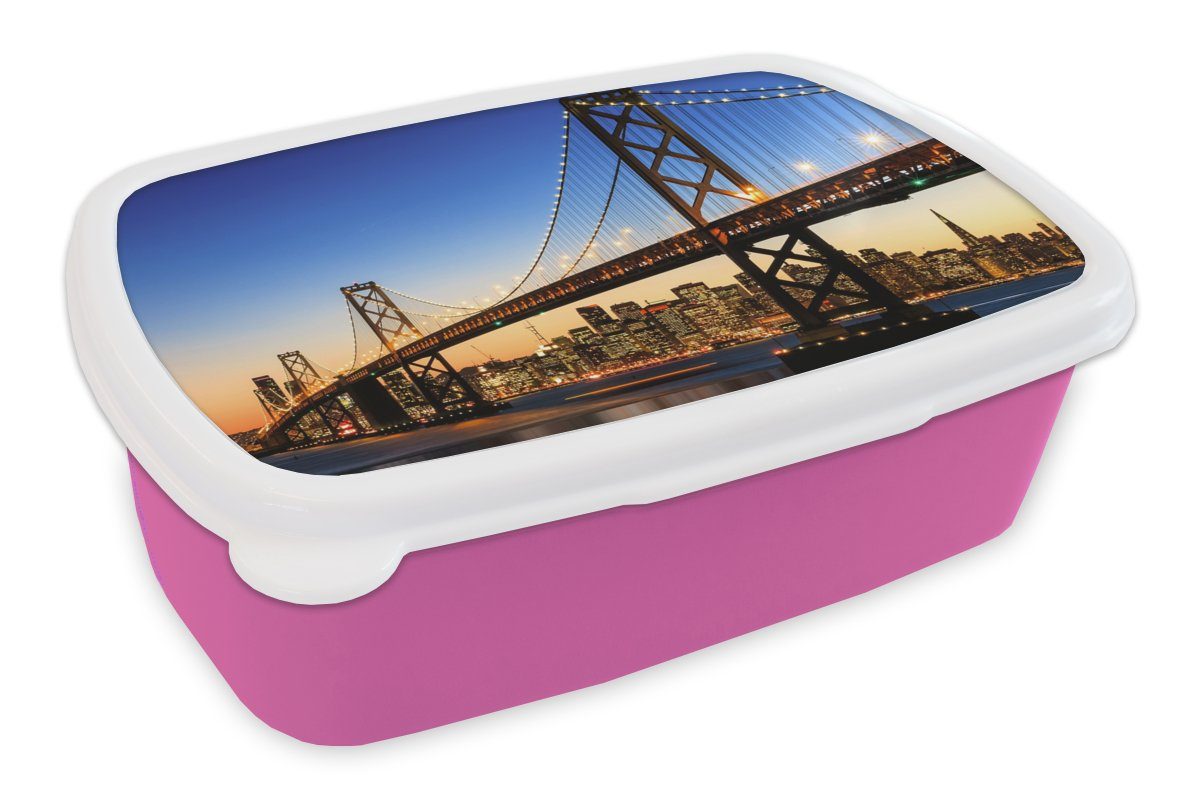 MuchoWow Lunchbox Brücke - San Francisco - Skyline, Kunststoff, (2-tlg), Brotbox für Erwachsene, Brotdose Kinder, Snackbox, Mädchen, Kunststoff rosa