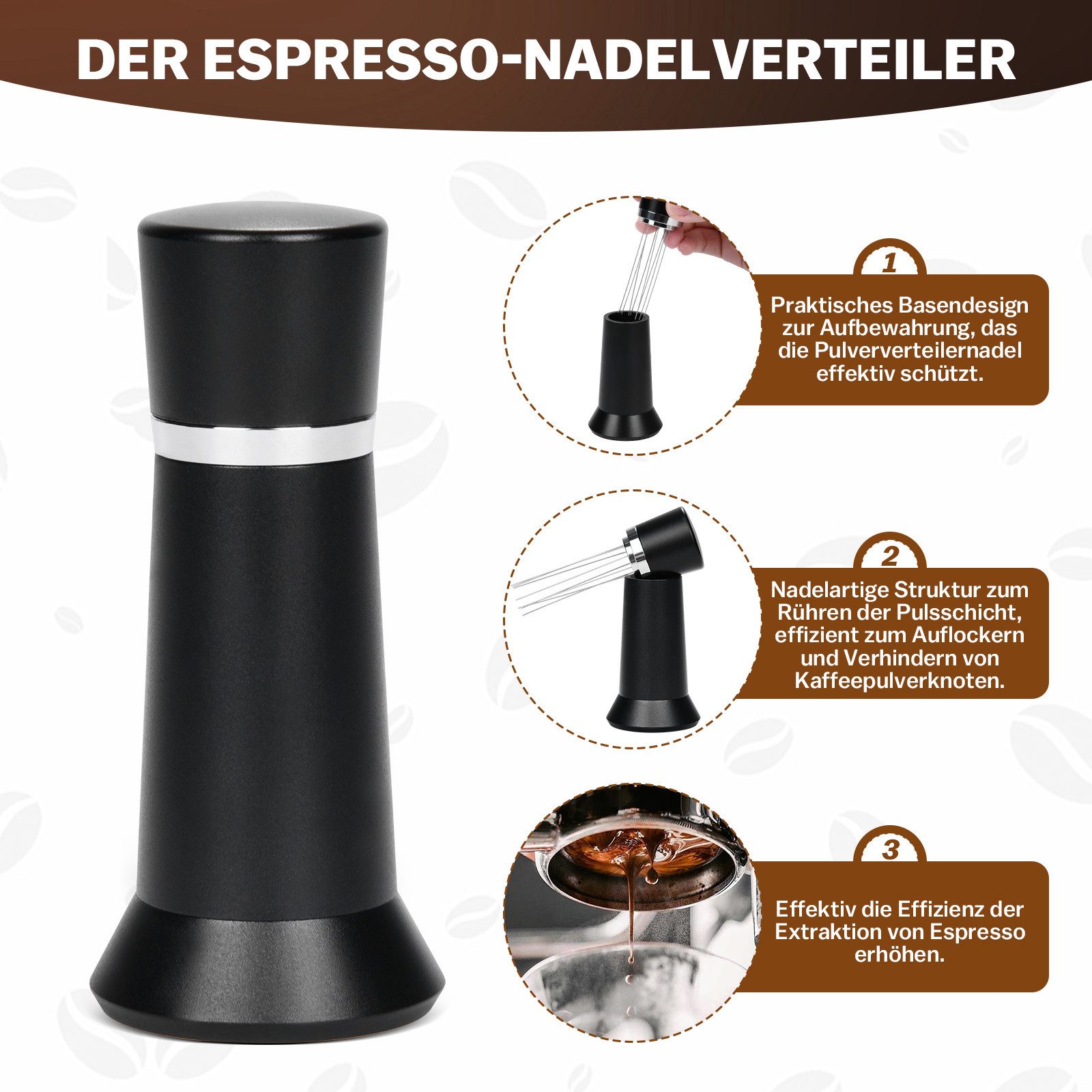 XERSEK Tamper 58mm Edelstahl Kaffeetamper Set mit Tampermatte für Espresso Barista, inkl. Verteiler, Kaffeepulverring, Tamping Matte & Nadel – Bild 5 von 5