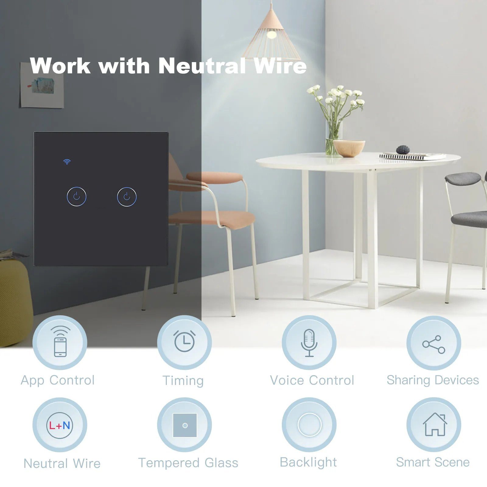 Bolwins Lichtschalter B00C Smart WLAN Lichtschalter 2-fach für Alexa & Google Home (Packung, 1-St., 1x Smart WiFi Lichtschalter, 2x Schraube), Touch-Bedienung,  – Bild 5 von 5