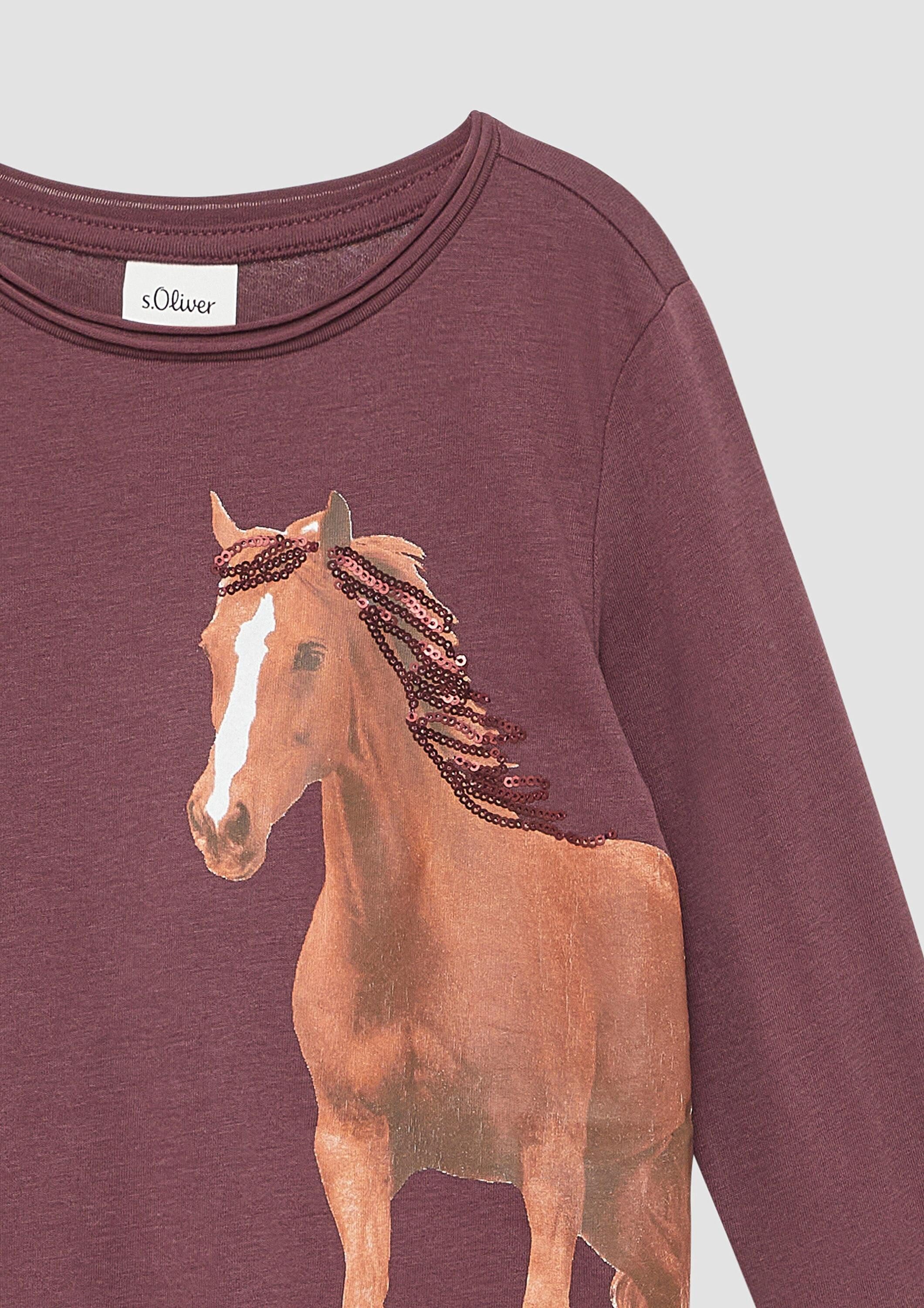s.Oliver Langarmshirt T-Shirt Longsleeve mit Pferde-Print und Pailletten