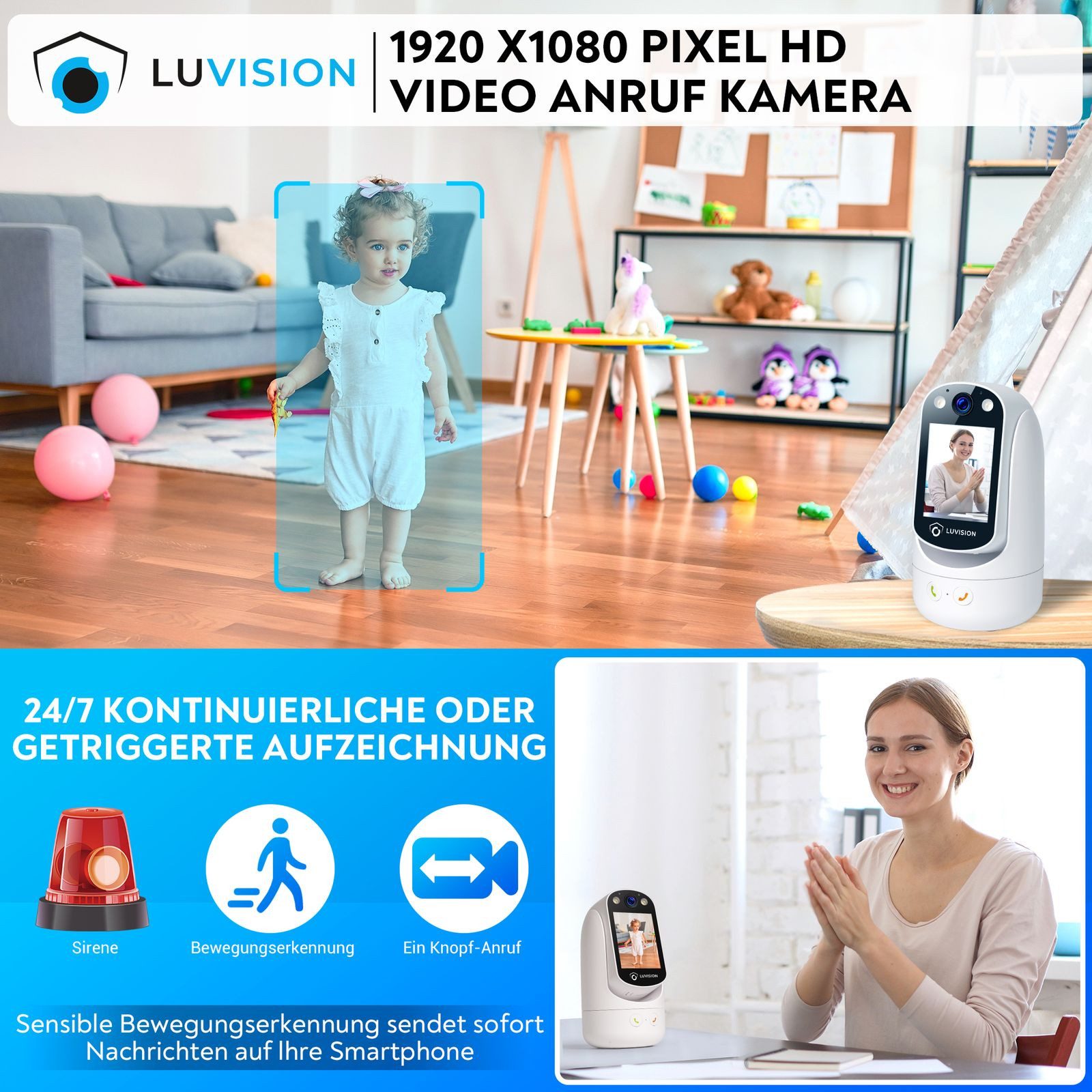 LUVISION Überwachungskamera WLAN PTZ Video KI Anrufkamera Telefonkamera für Senioren Überwachung (Innenbereich, 1-tlg., WLAN PTZ Überwachung Kamera Autotracking – Bild 3 von 5