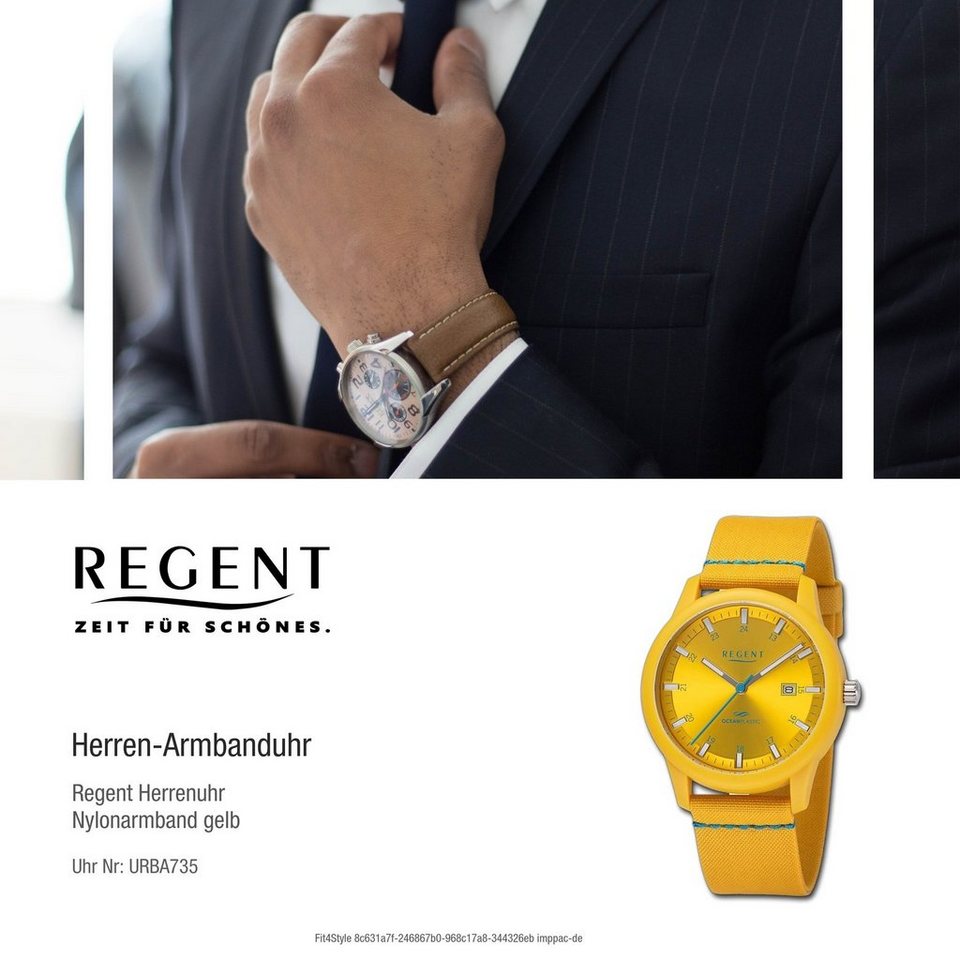 Regent Quarzuhr Regent Herren Armbanduhr Analog, Herrenuhr Nylonarmband gelb,  hellblau, rundes Gehäuse, groß (ca. 40mm)