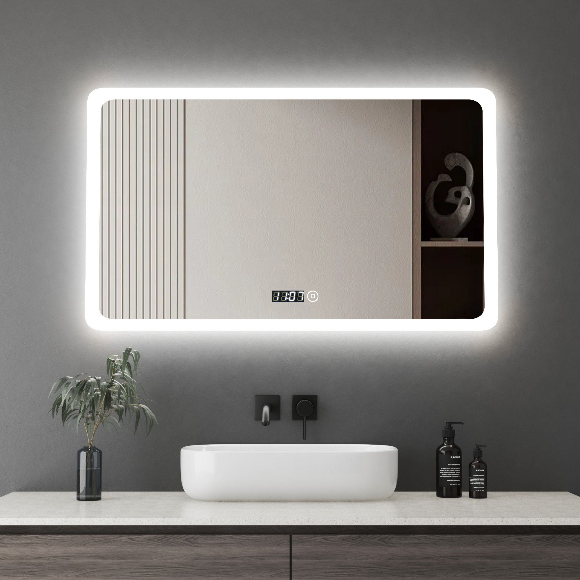 WDWRITTI Badspiegel Led Touch Uhr 100x60 cm Wandspiegel Badezimmerspiegel  mit beleuchtung (Bad Led Spiegel Wandschalter, Speicherfunktion, Helligkeit  dimmbar, 3 Lichtfarbe), 6500K, 4000K, 3000K, energiesparender