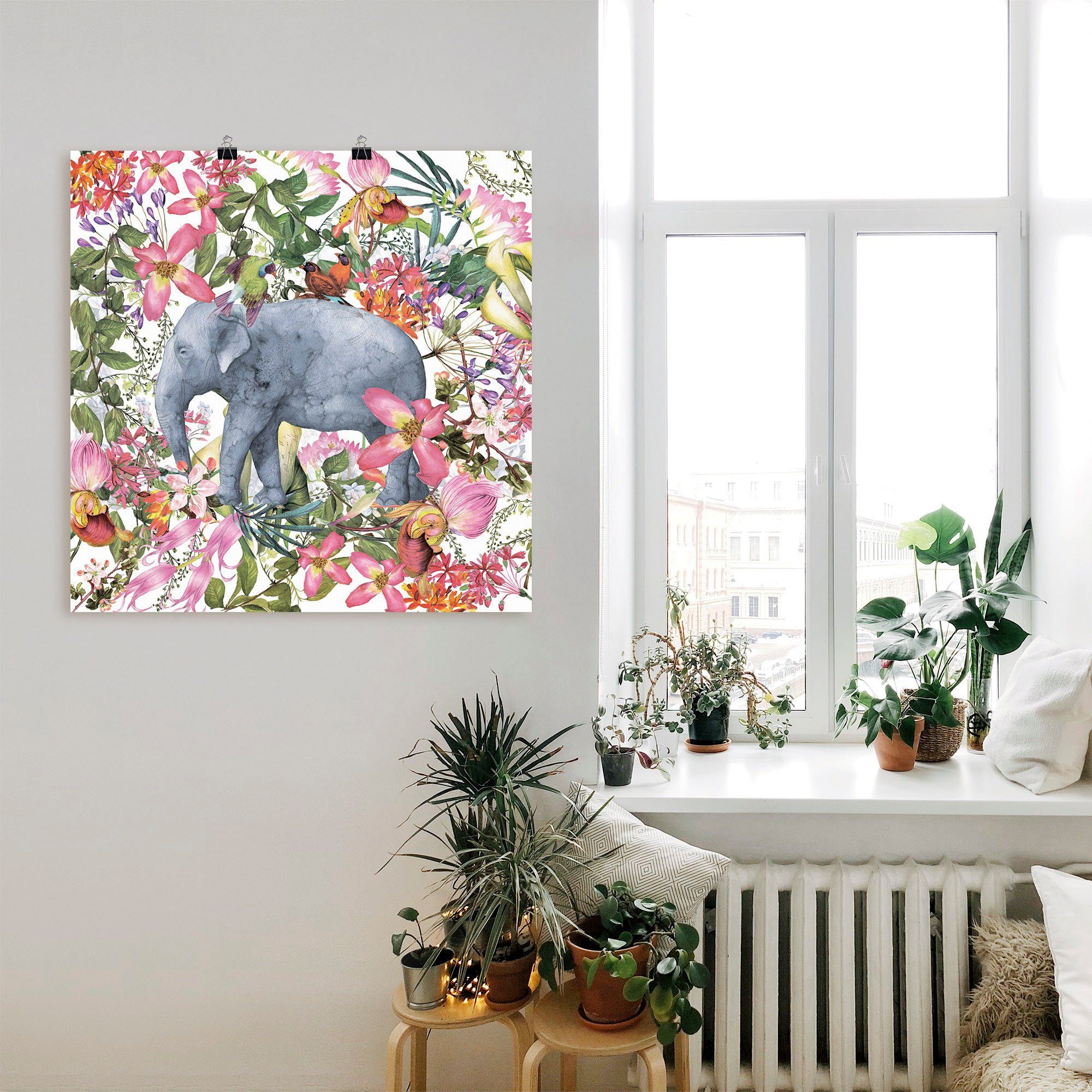 Artland Wandbild Elefant im St), Größen als Dschungel, in versch. Wandaufkleber (1 Poster oder Alubild, Blüten Wildtiere Leinwandbild