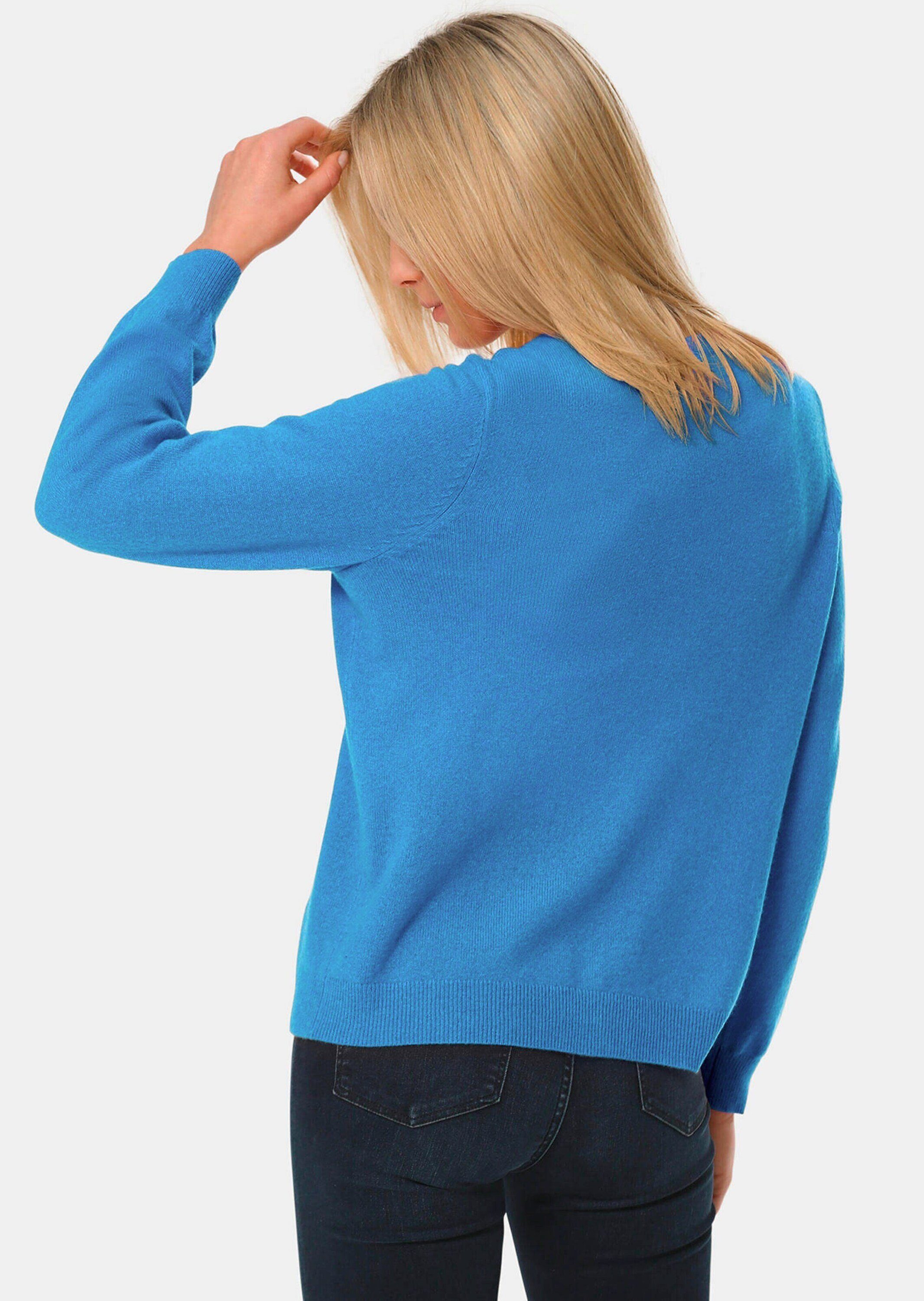 mit Kaschmir-Strickjacke Rundhals Strickpullover Kuschelweiche GOLDNER atlantikblau