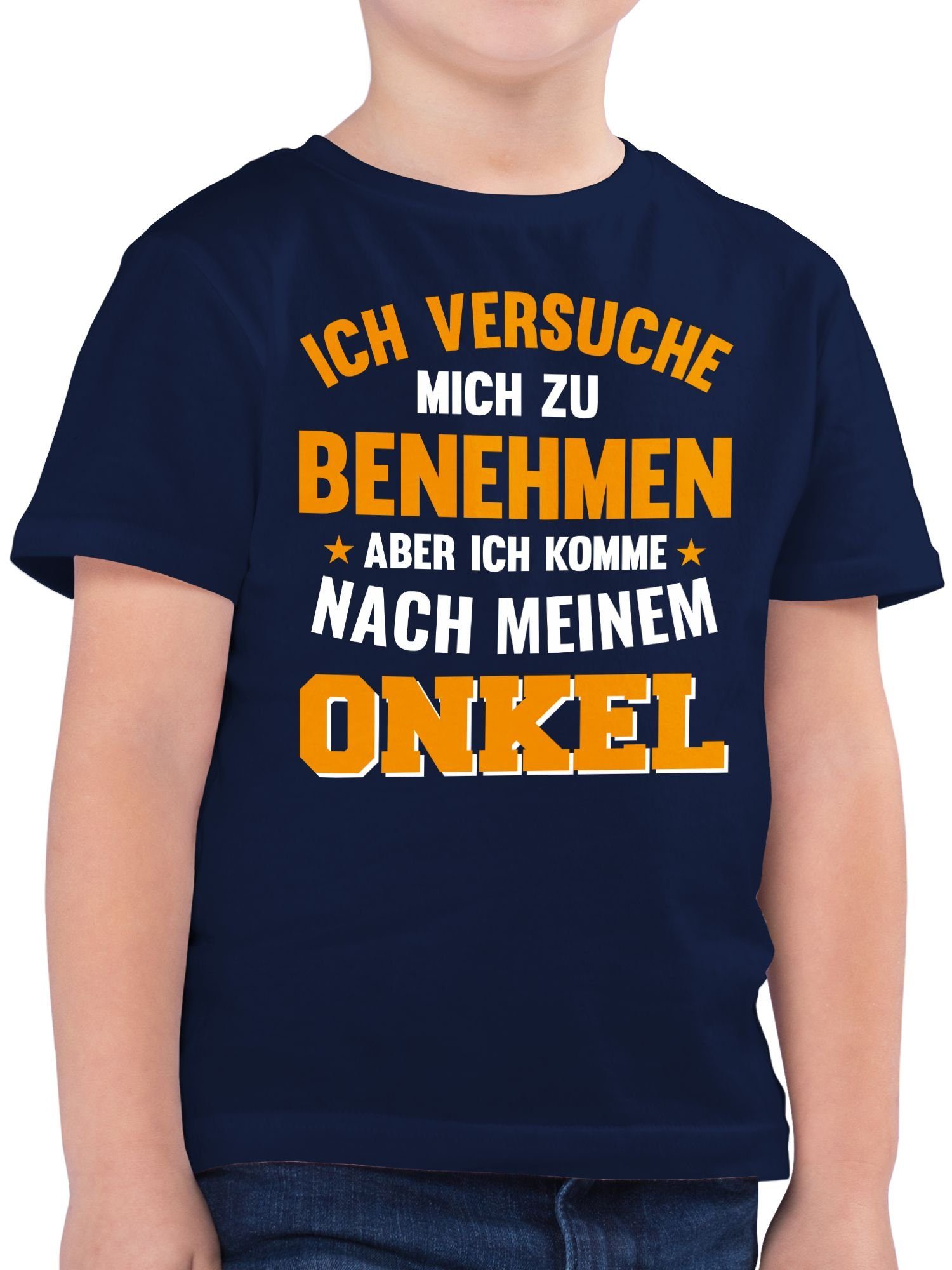 Shirtracer T-Shirt Ich versuche mich zu benehmen aber ich komme nach meinem Onkel orange Statement Sprüche Kinder 1 Dunkelblau