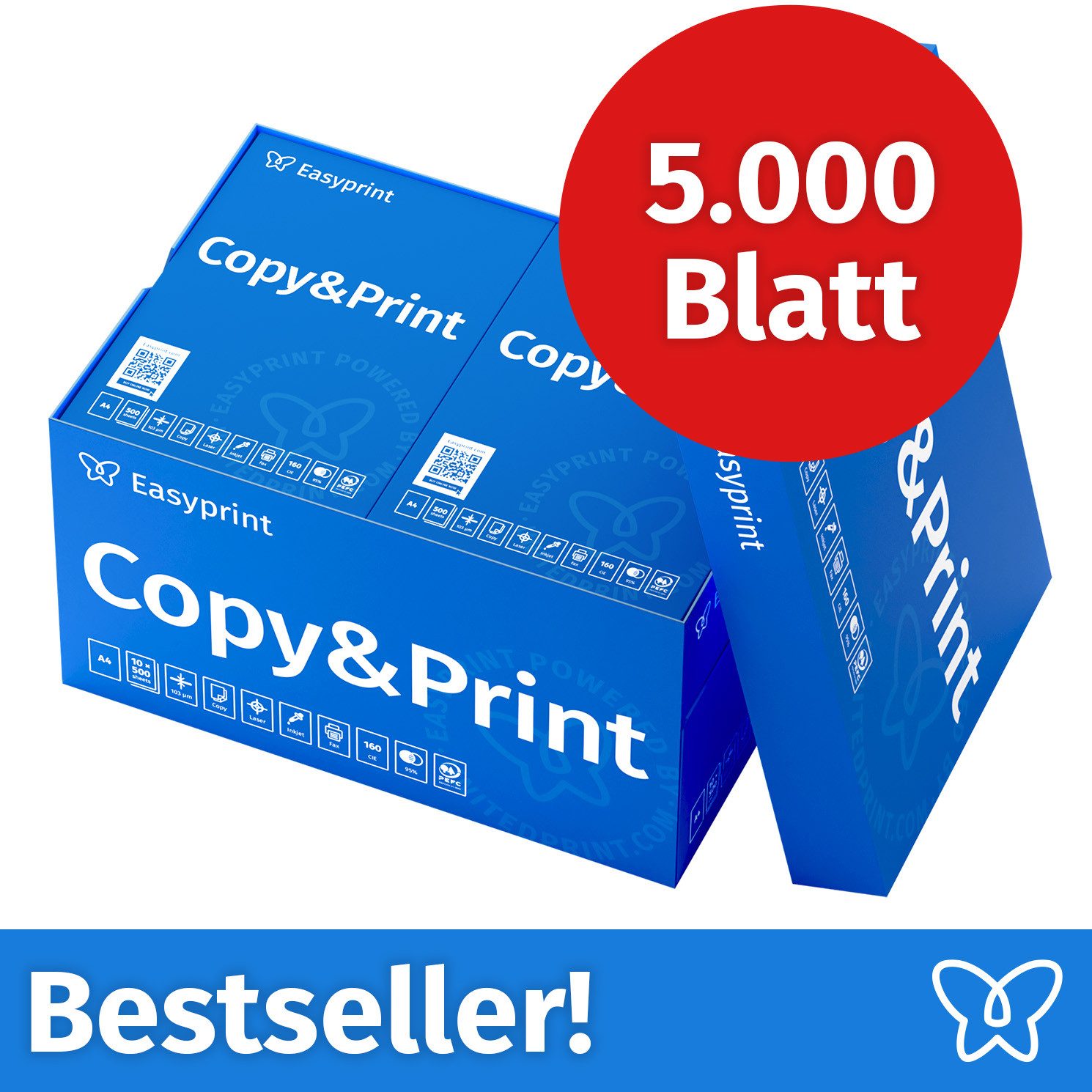 Easyprint Drucker- und Kopierpapier Kopierpapier 5000 Blatt A4 Premium Hochweiß CIE 160 Testsieger PEFC, PEFC-Zertifikat (GFA-PEFC-COC-500582)
