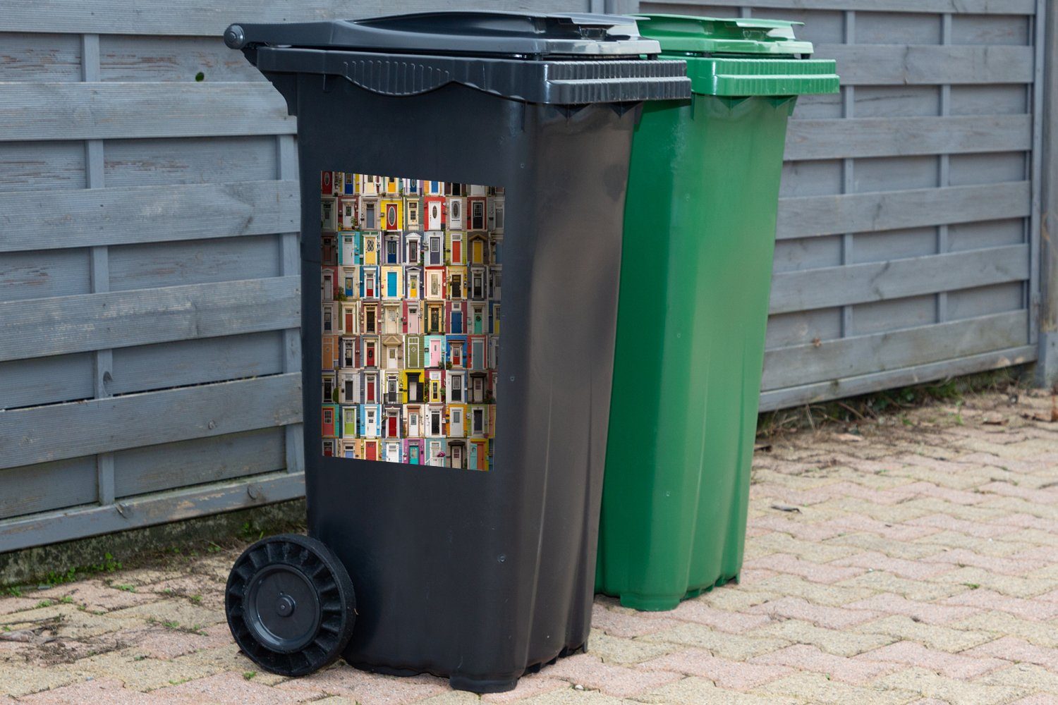 Mülltonne, - - Abfalbehälter Wandsticker MuchoWow Bunt Collage Türen Mülleimer-aufkleber, (1 Container, St), - Sticker, Architektur