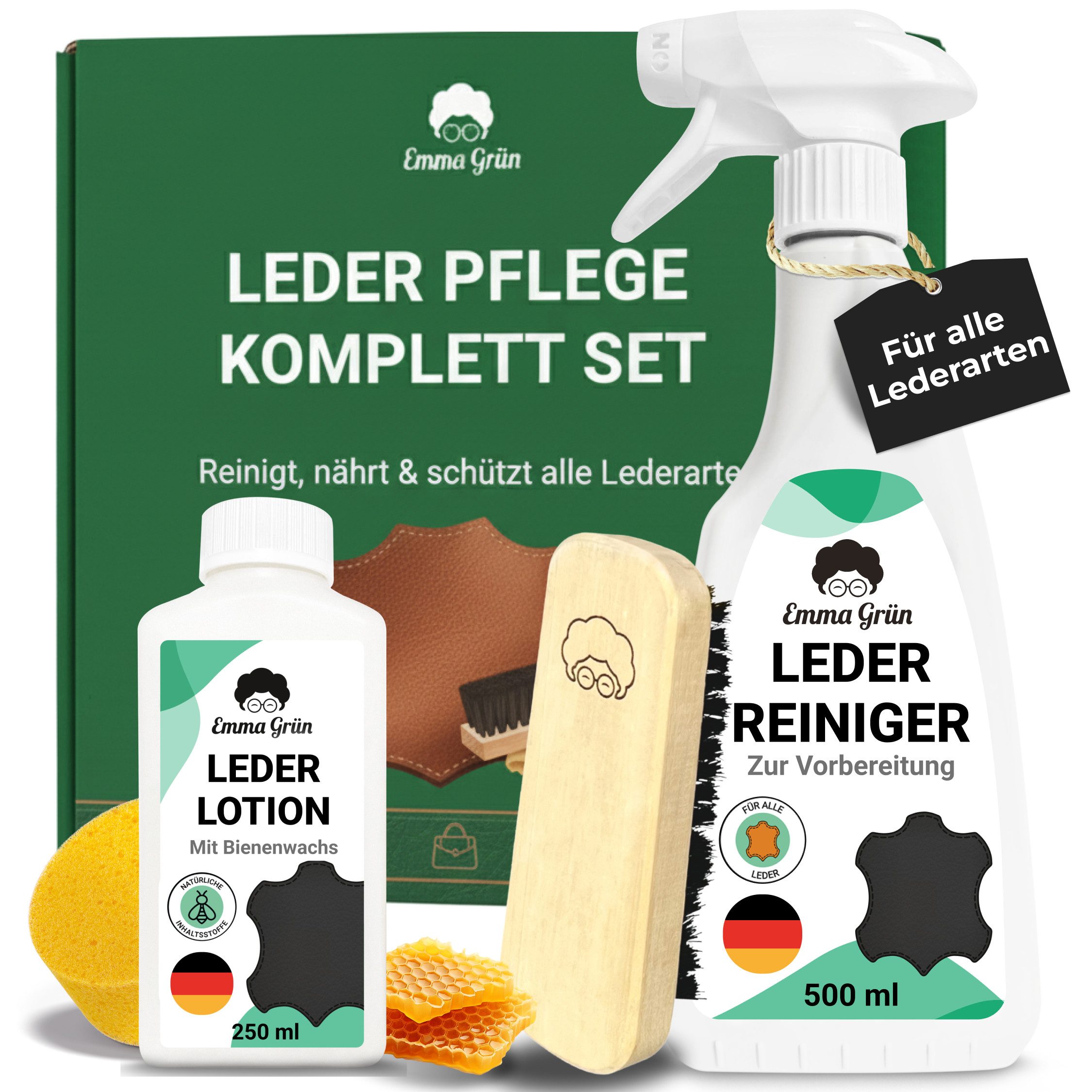 Emma Grün Reiniger & Lotion mit Bienenwachs Lederpflegeset, pflegt Sofas, Schuhe & Jacken ohne zu fetten, 100% Made in Germany