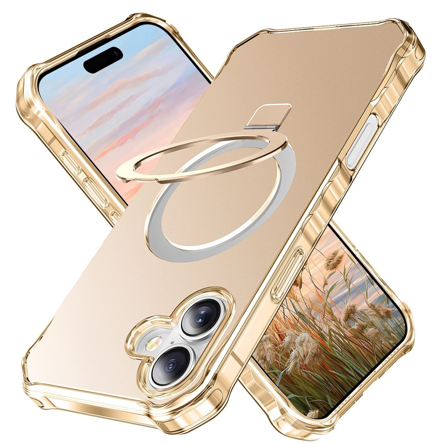 Wigento Handyhülle Für Apple iPhone 16 Plus Solid Color MagSafe Ring Halter Hülle Gold, MagSafe, stoßfest, mit Ringhalter