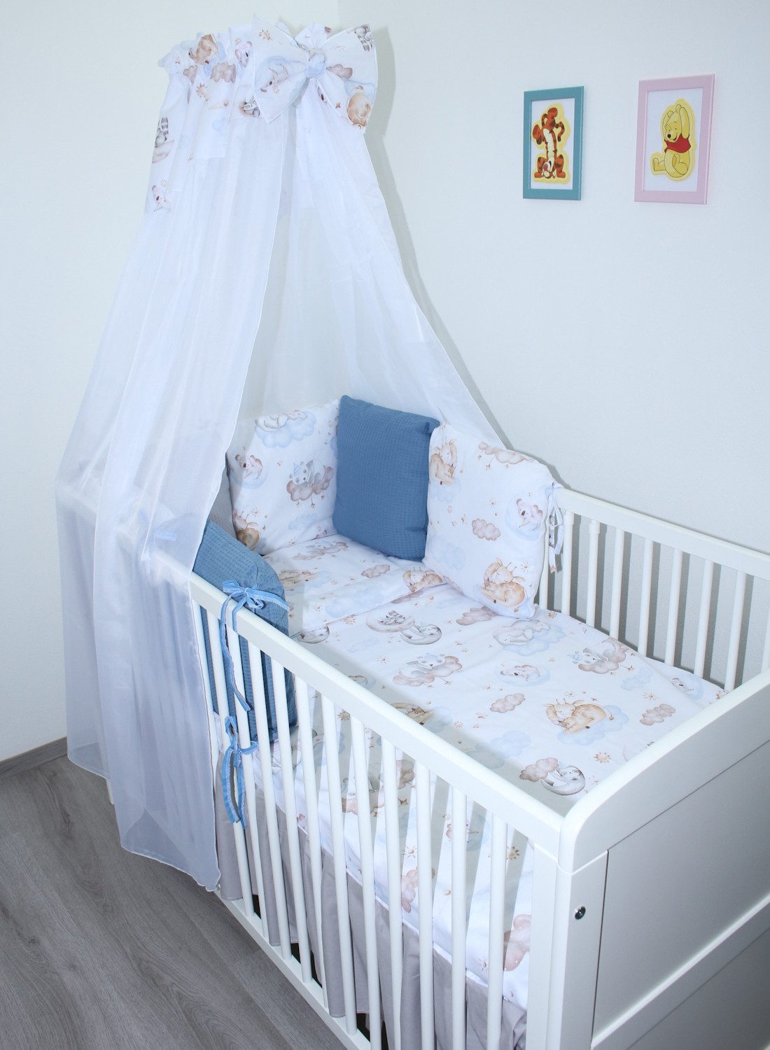 Primawela Babybettwäsche Bettwäsche Bettset Waffelpiqué - 6 x Kissen -Nestchen Chiffon Himmel, 5 teilig