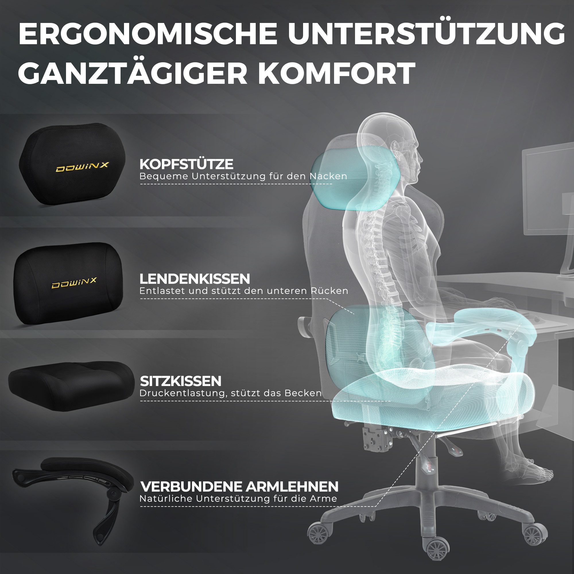 Dowinx Gaming-Stuhl Atmungsaktiver und Ergonomischer Bürostuhl aus Mikrofaser-Velours (Packung), Weiches Sitzgefühl, Verstellbarer Schreibtischstuhl mit Fußstütze