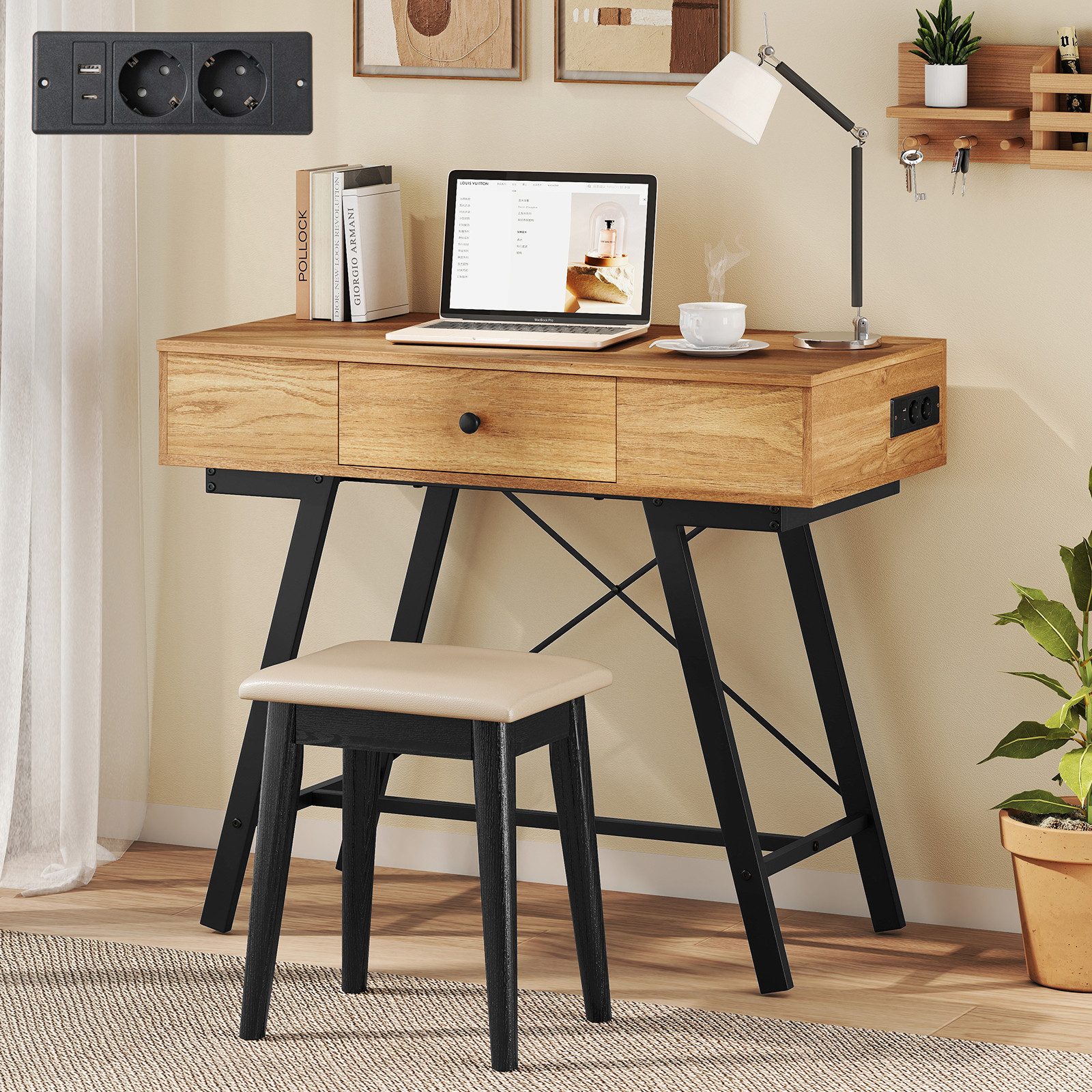 COSTWAY Schminktisch, Kosmetiktisch, Schreibtisch, mit Spiegel, Ladestation günstig online kaufen